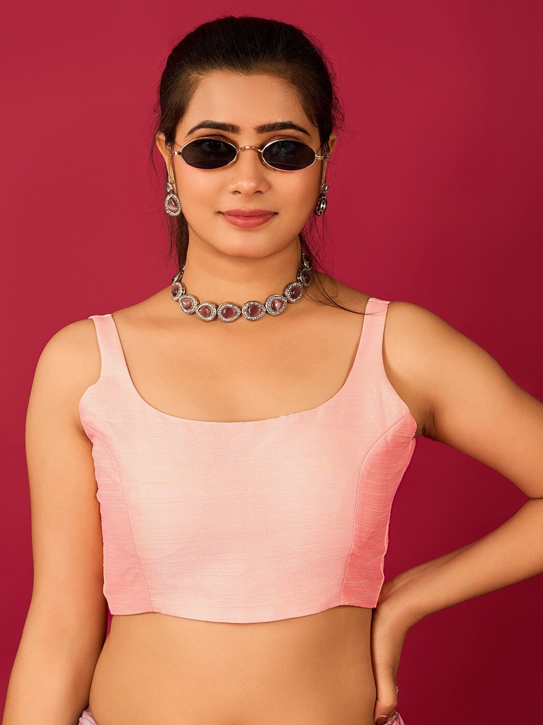 

flaher Round Neck Satin Readymade Saree Blouse, Pink