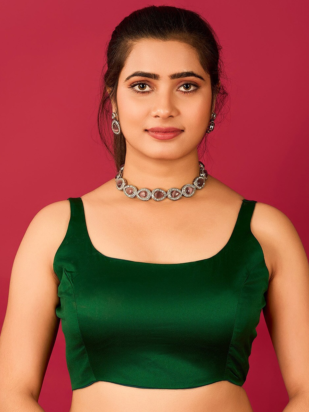 

flaher Round Neck Satin Readymade Saree Blouse, Green