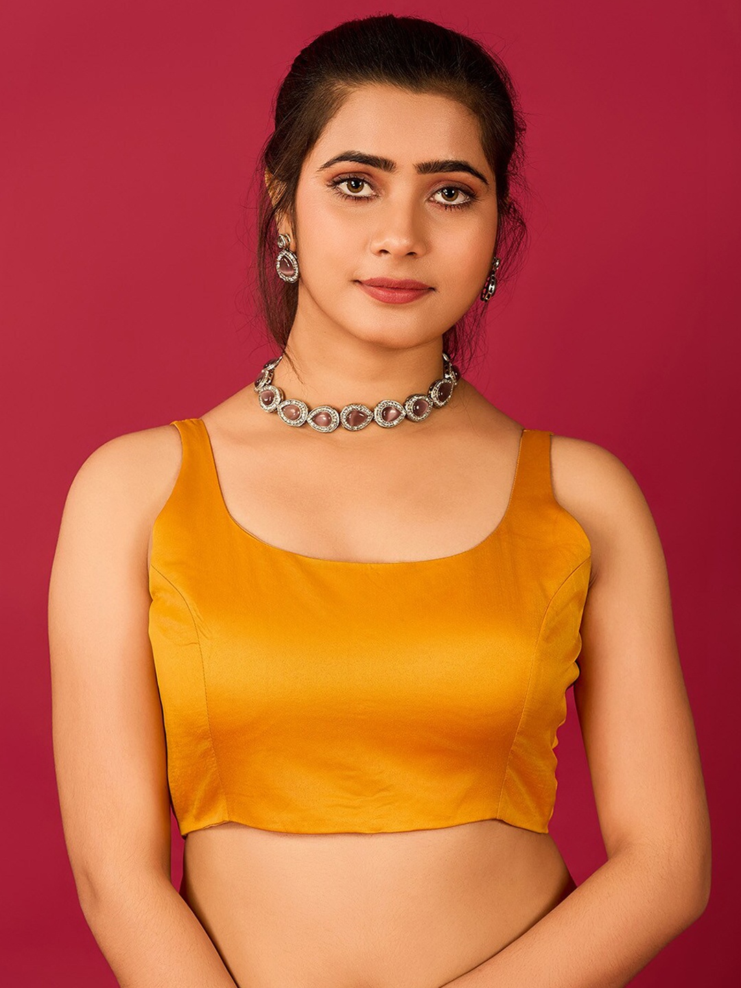 

flaher Round Neck Satin Readymade Saree Blouse, Mustard