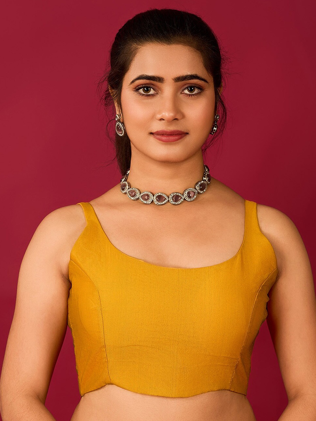 

flaher Round Neck Satin Readymade Saree Blouse, Mustard
