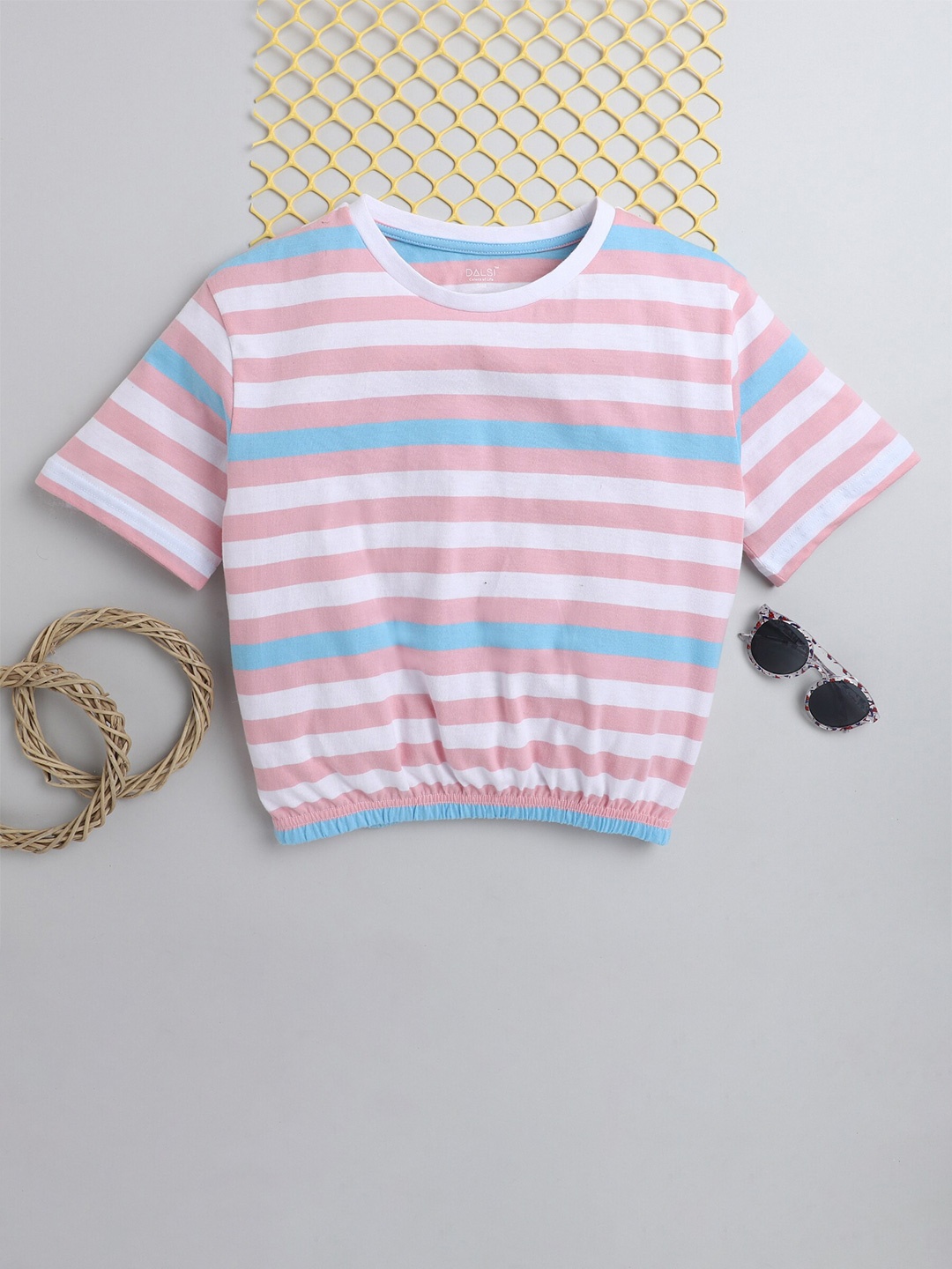 

BAESD Girls Horizontal Striped Pure Cotton Cinched Waist Crop Top, Pink