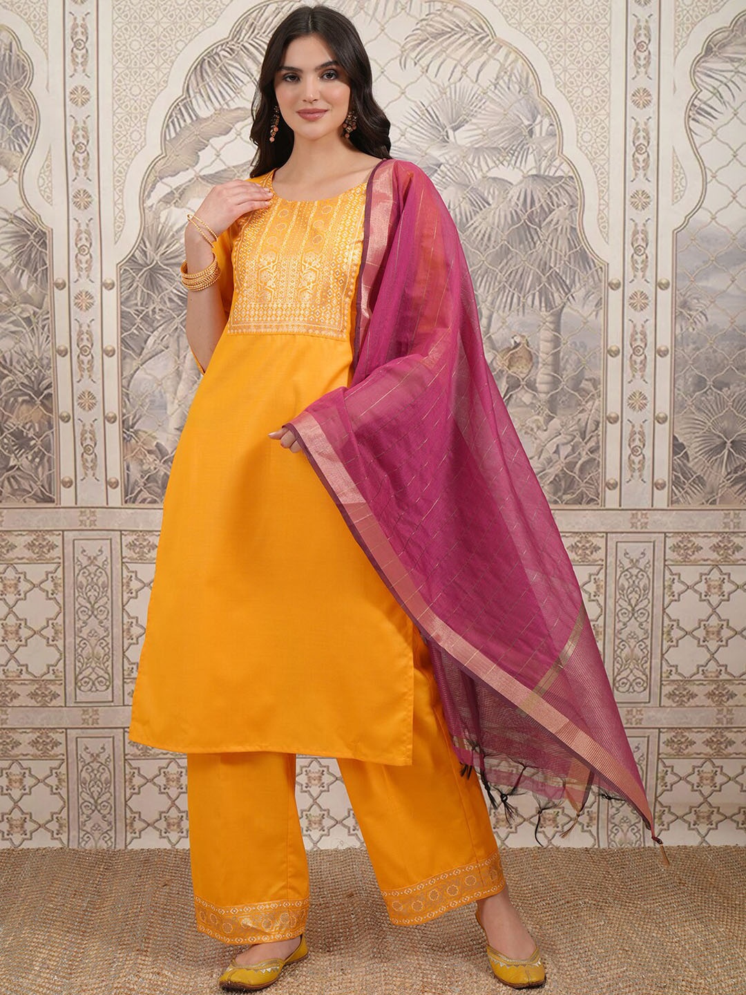

Vishudh Floral Yoke Design Straight Kurta with Palazzos & With Dupatta, Yellow