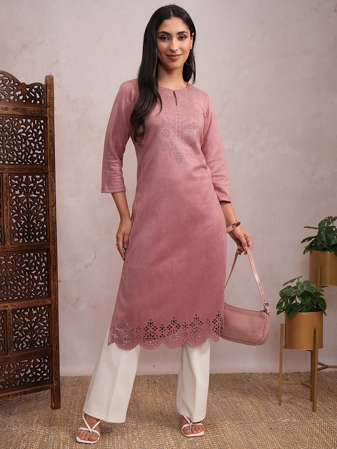 

Vishudh Pink Ethnic Motifs Embroidered Keyhole Neck Sequined Straight Kurta