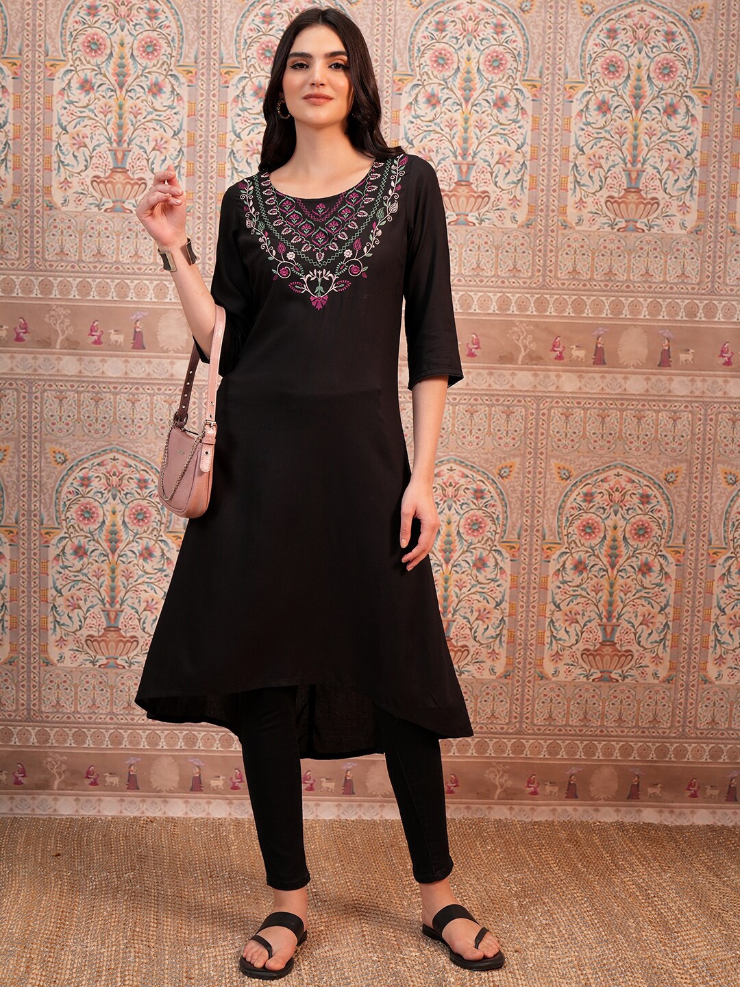 

Vishudh Black Ethnic Motifs Yoke Design Thread Work High-Low A-Line Kurta