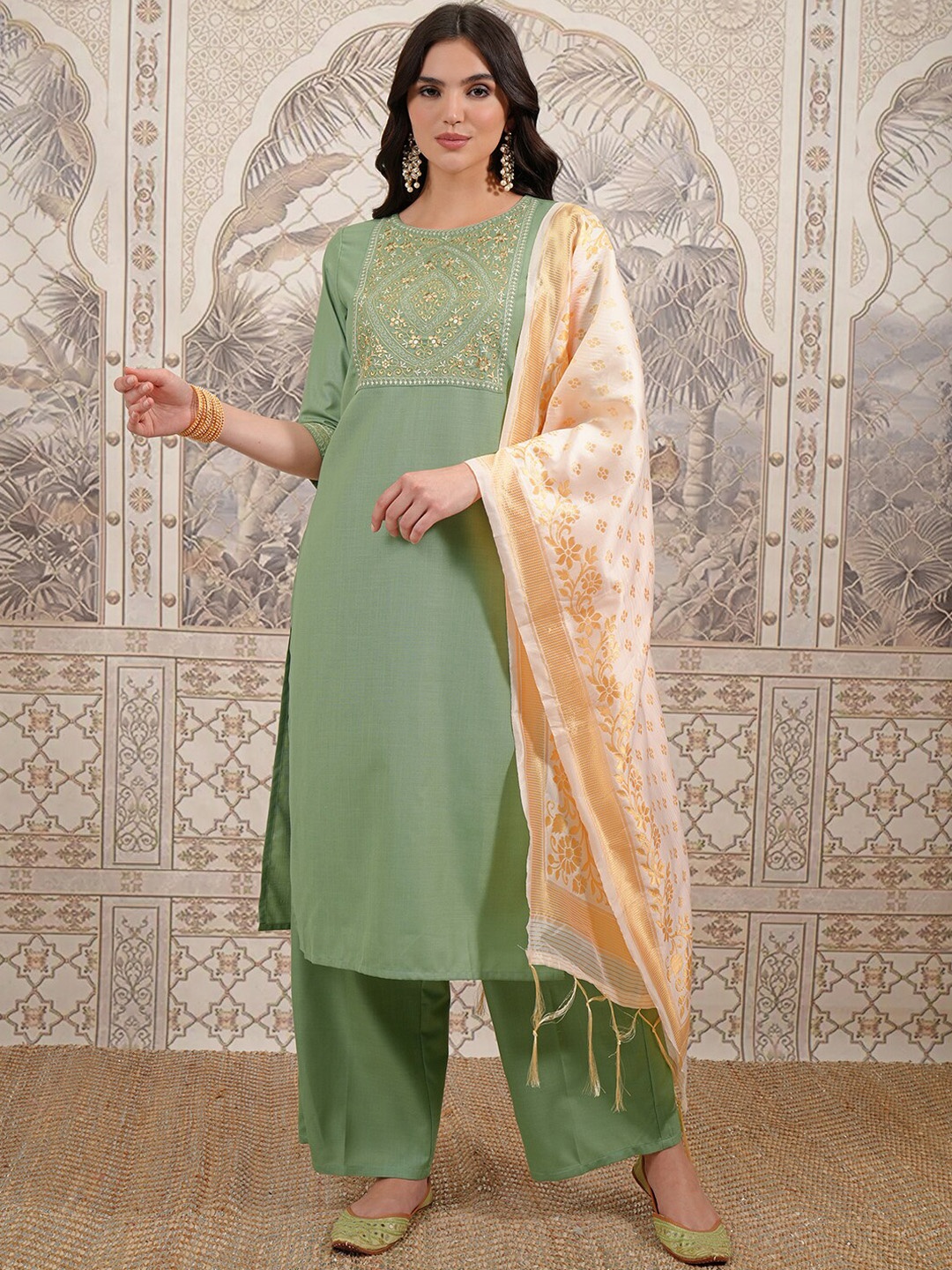 

Vishudh Green Ethnic Motifs Yoke Design Thread Work Straight Kurta With Palazzos & Dupatta