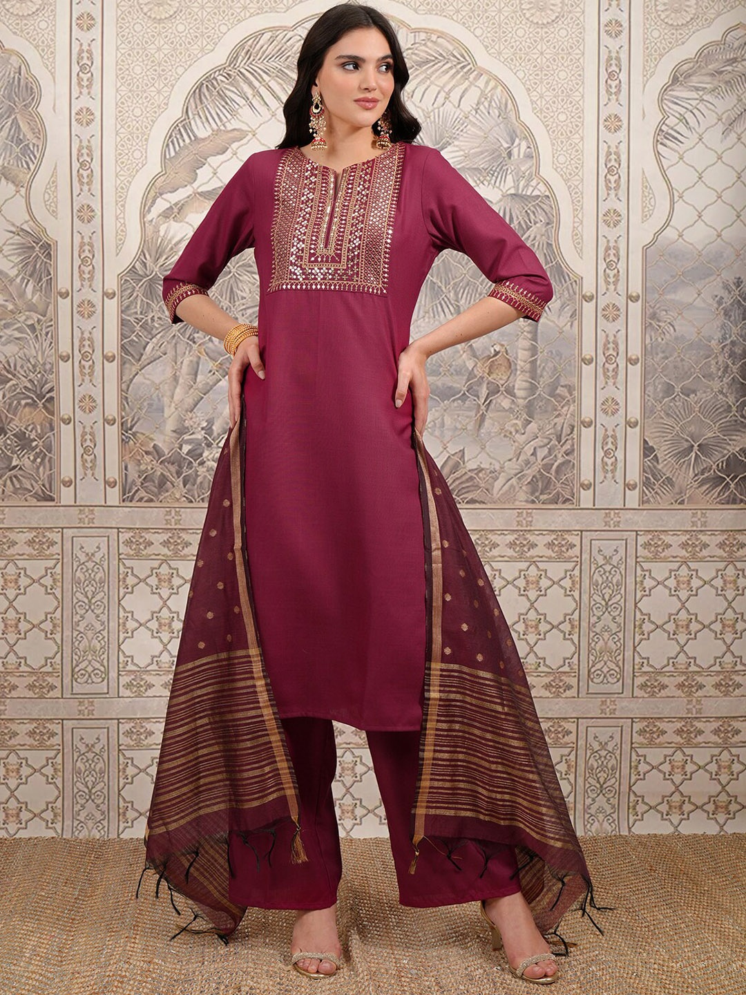 

Vishudh Ethnic Motifs Yoke Design Straight Kurta with Palazzos & With Dupatta, Maroon