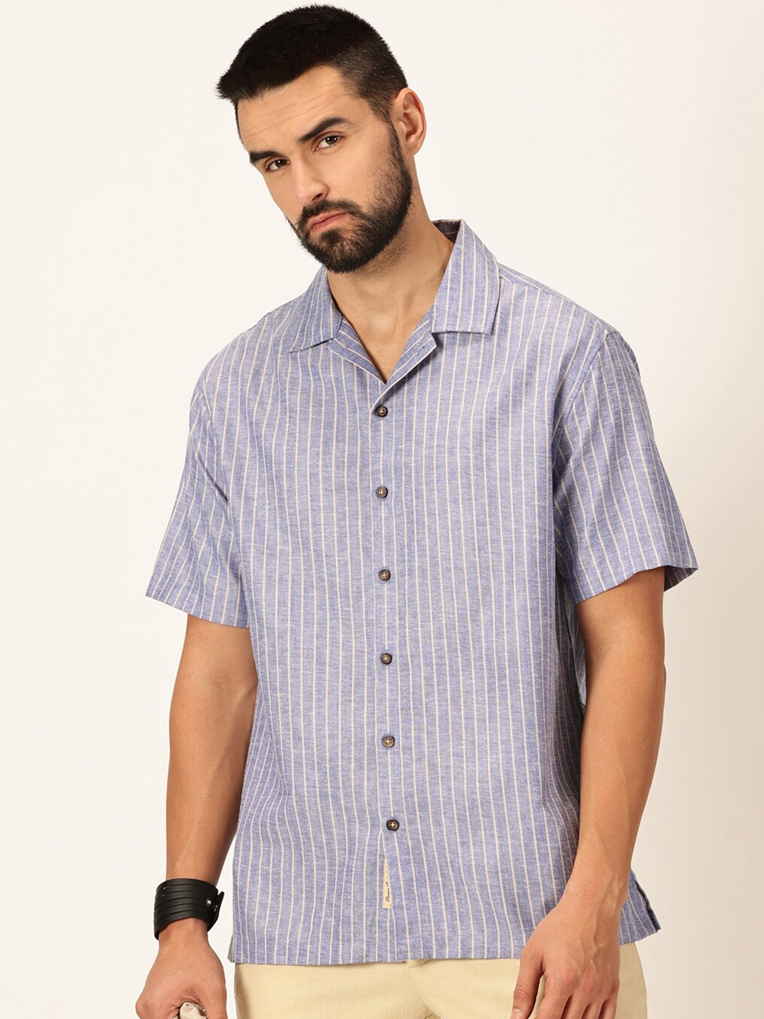 

Thomas Scott Premium Cotton Linen Slim Fit Striped Casual Shirt, Blue