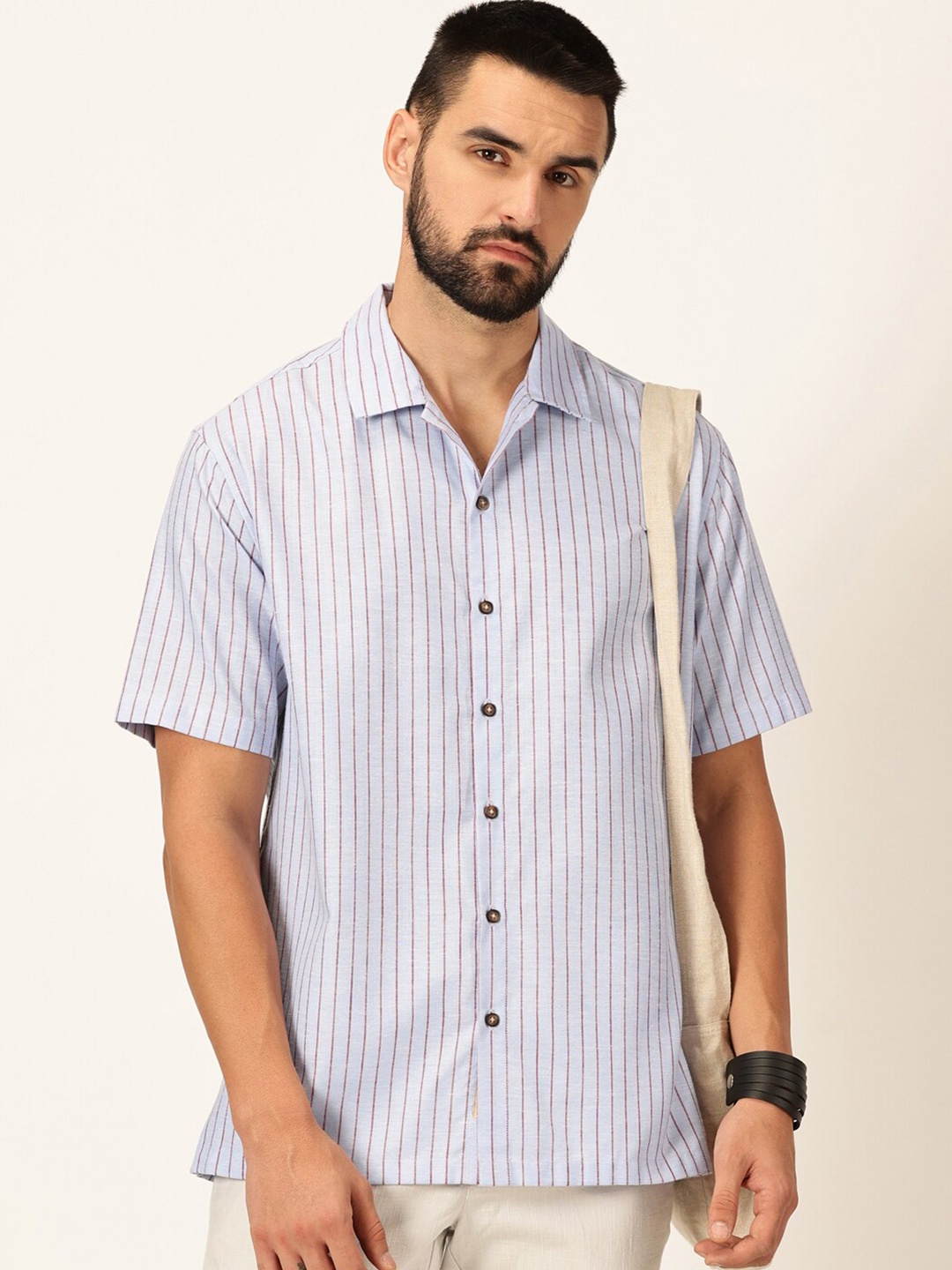 

Thomas Scott Men Premium Cotton Linen Slim Fit Opaque Striped Casual Shirt, Blue