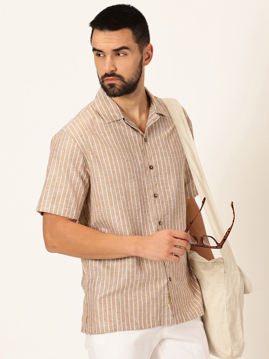 

Thomas Scott Premium Cotton Linen Slim Fit Striped Casual Shirt, Beige
