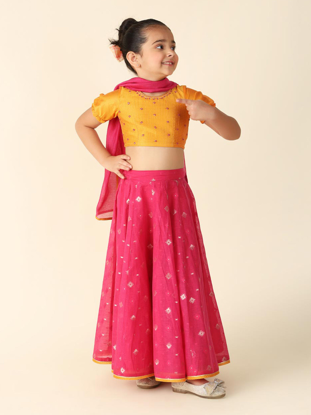 

Fabindia Girls Embroidered Cotton Silk Ready to Wear Lehenga & Choli With Dupatta, Pink