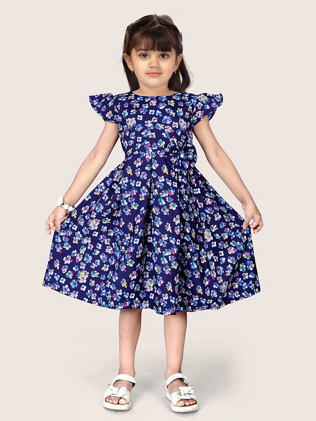 

BAESD Girls Floral Printed Flutter Sleeves Pleated Detailed Fit & Flare Midi Dress, Navy blue