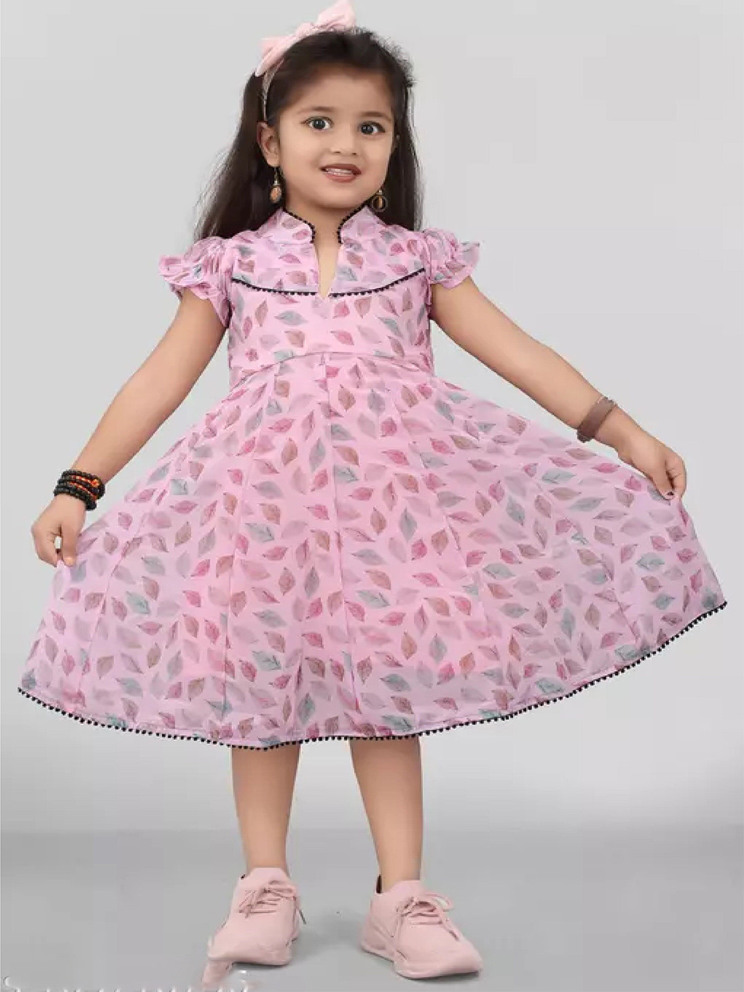 

BAESD Girls Floral Printed Mandarin Collar Fit & Flare Midi Dress, Pink