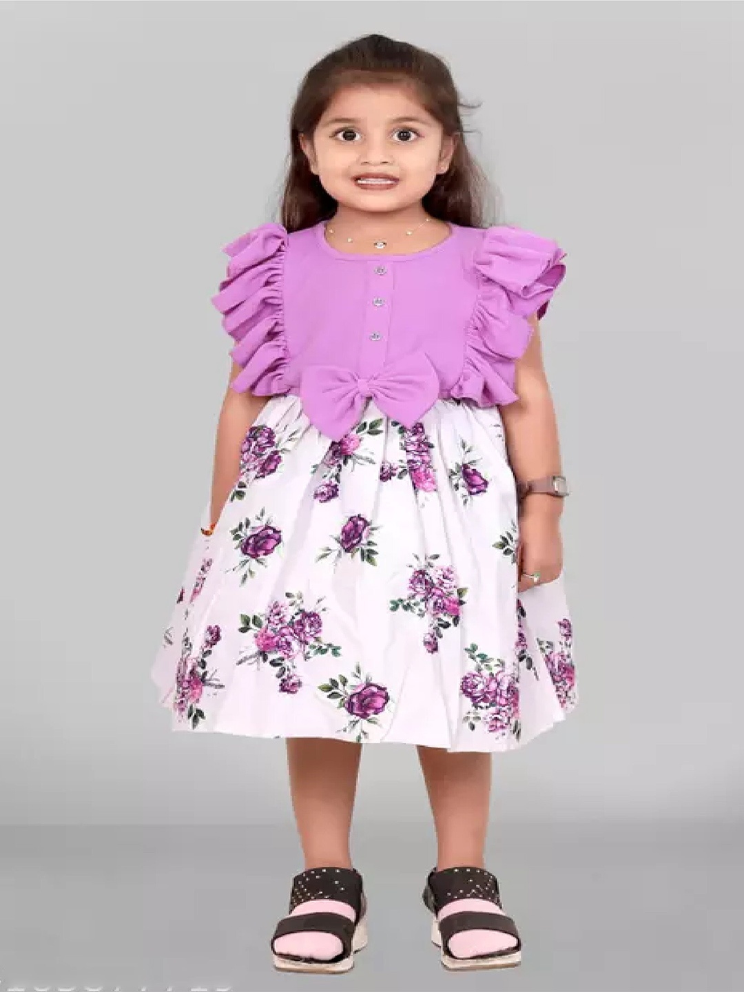 

BAESD Girls Floral Printed Flutter Sleeves Fit & Flare Dress, Purple