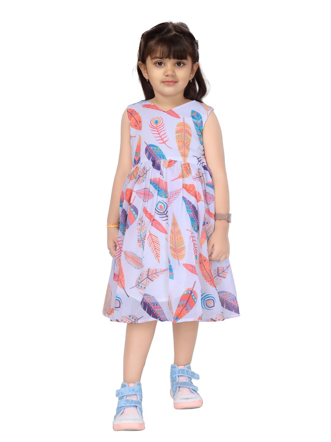 

BAESD Girls Tropical Printed Georgette Sleeveless Fit & Flare Dress, White