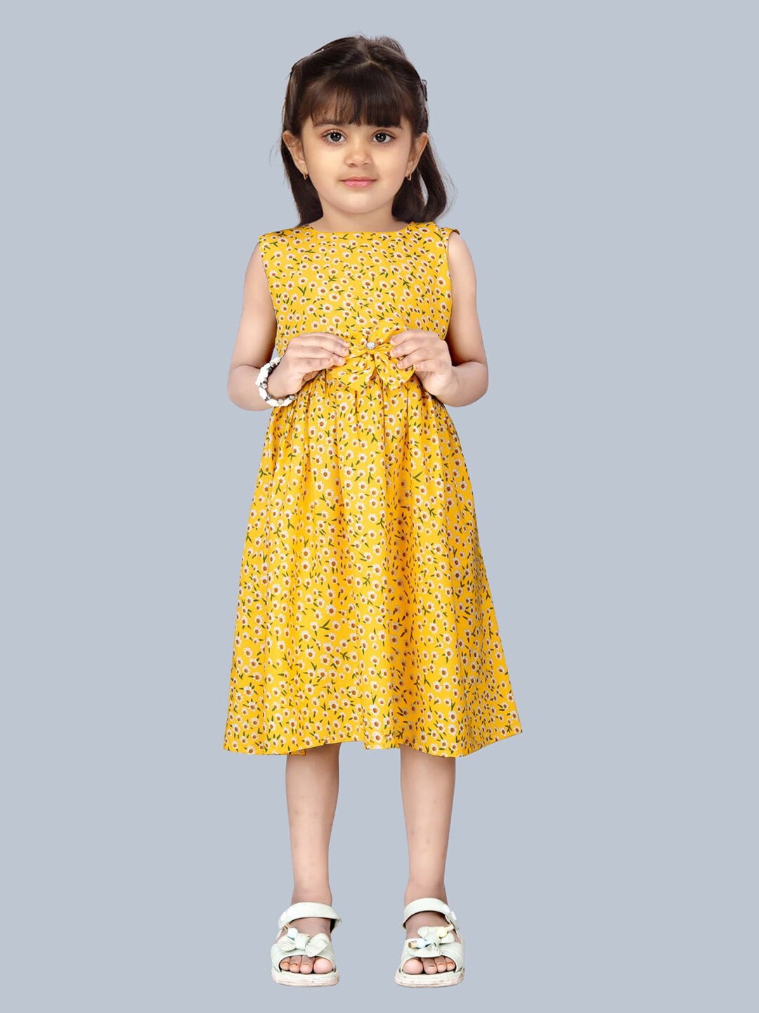

BAESD Girls Floral Printed Crepe Bow Fit & Flare Midi Dress, Yellow