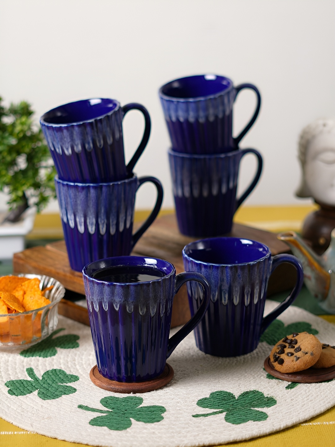 

CDI Blue & White 6 Pieces Textured Ceramic Glossy Mugs 300ml Each