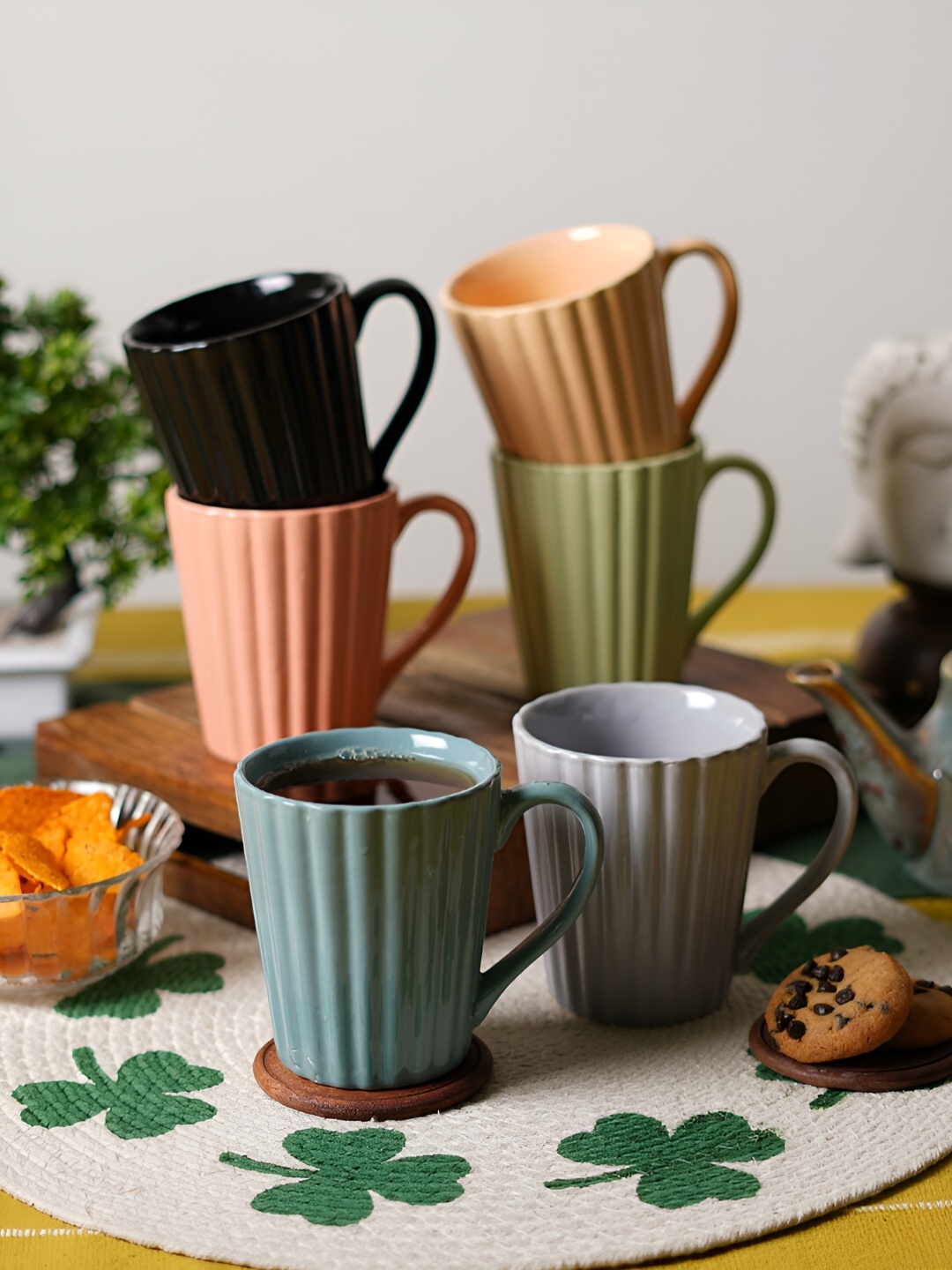 

CDI Blue & Green 6 Pieces Textured Ceramic Glossy Mugs 300ml Each