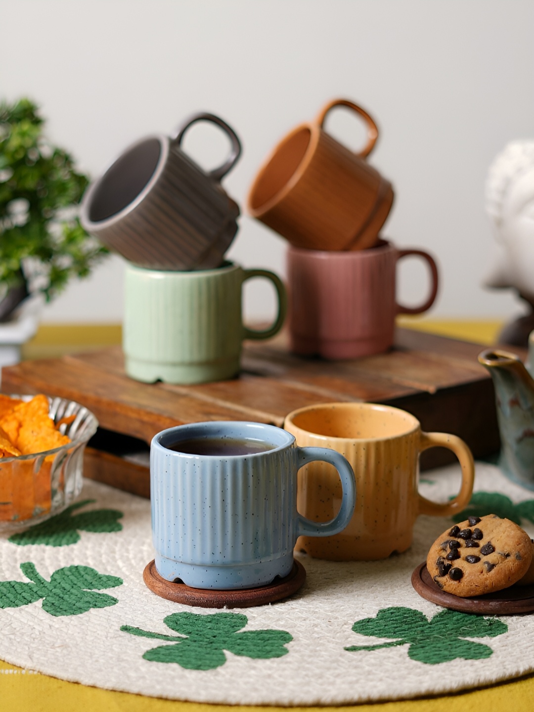 

CDI Green & Blue 6 Pieces Textured Ceramic Glossy Mugs 150ml Each