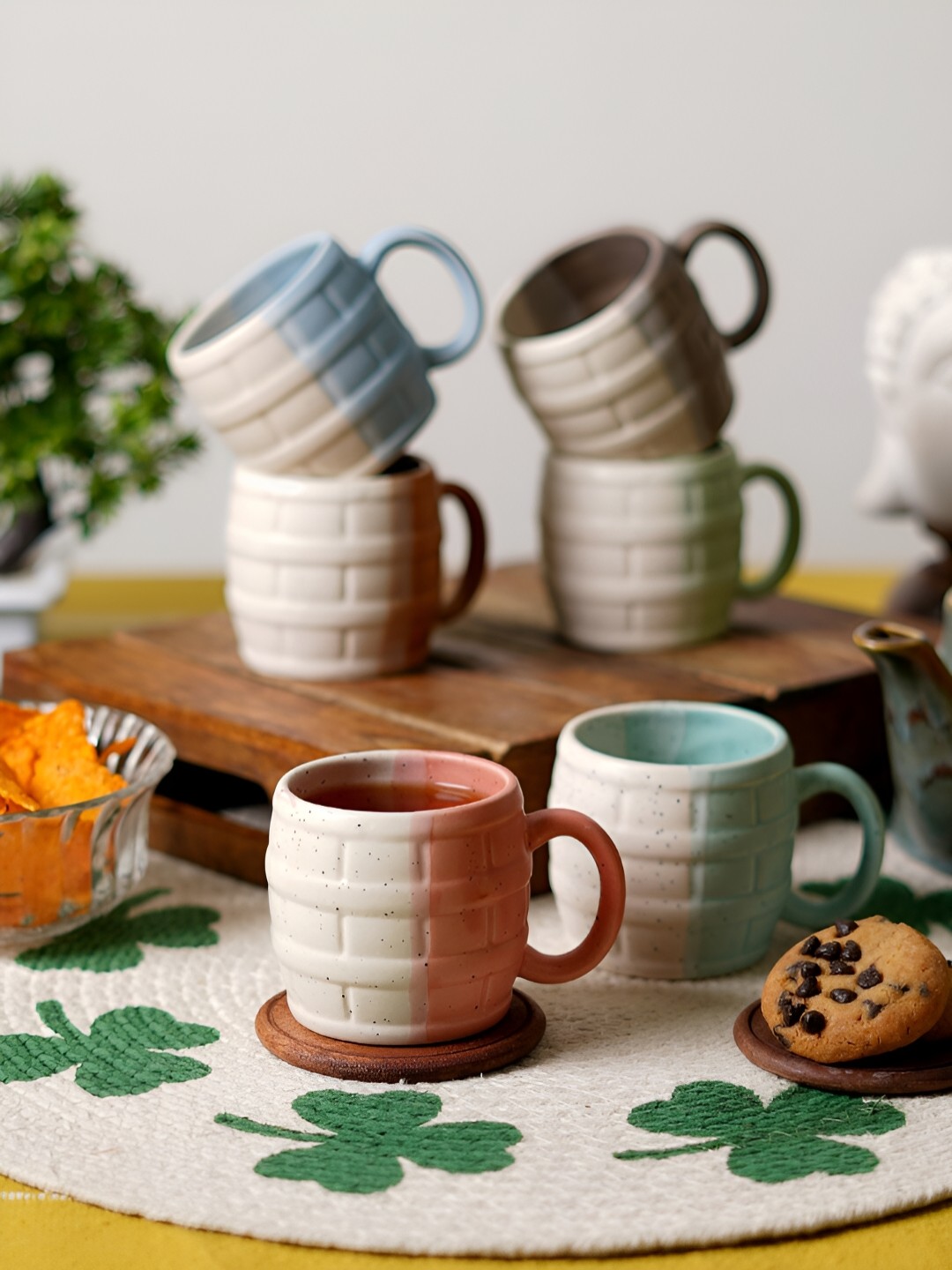 

CDI Beige & Peach 6 Pieces Textured Ceramic Glossy Mugs 150ml Each