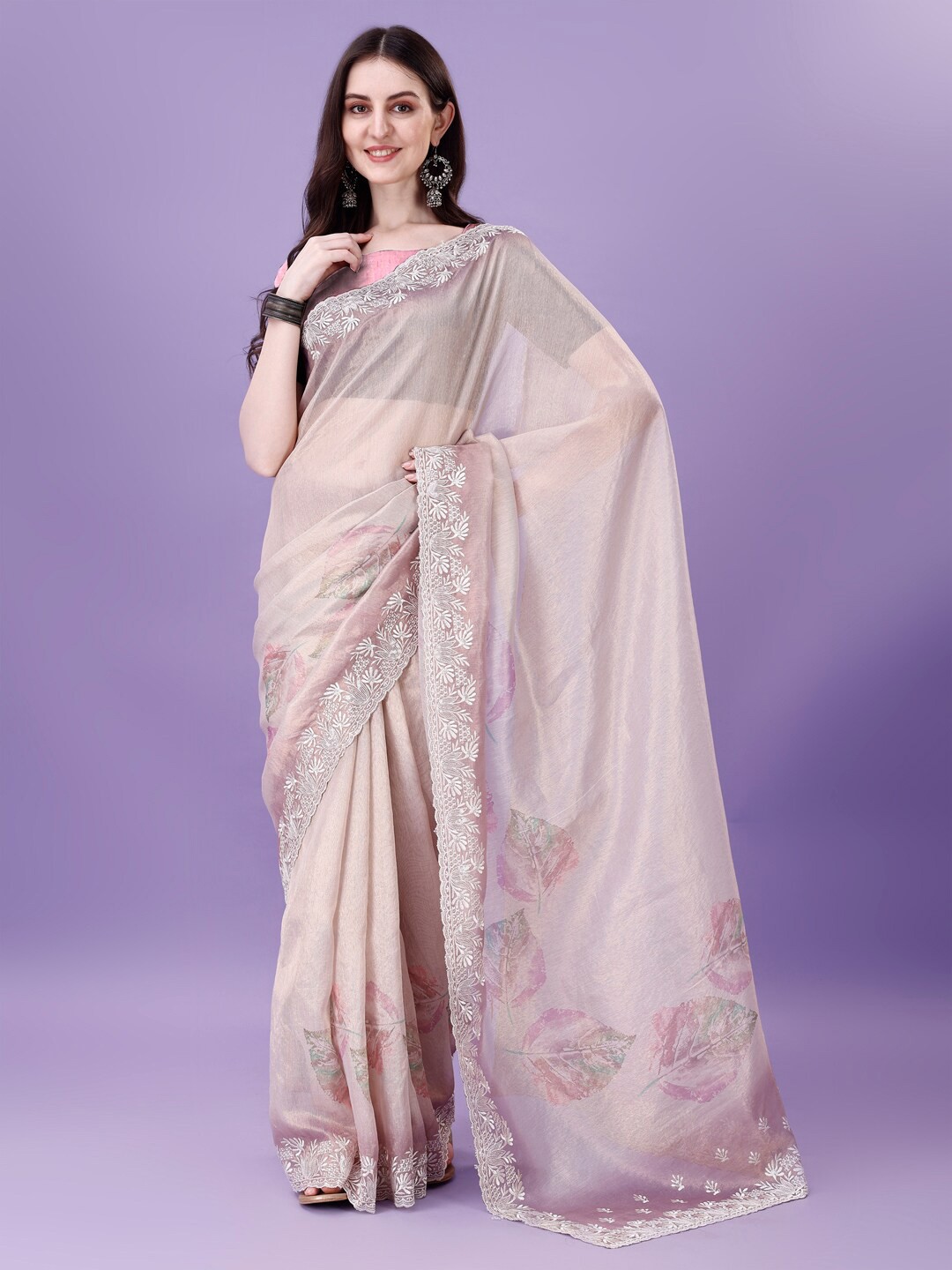 

P D Silk Mills Embroidered Pure Georgette Saree, Pink
