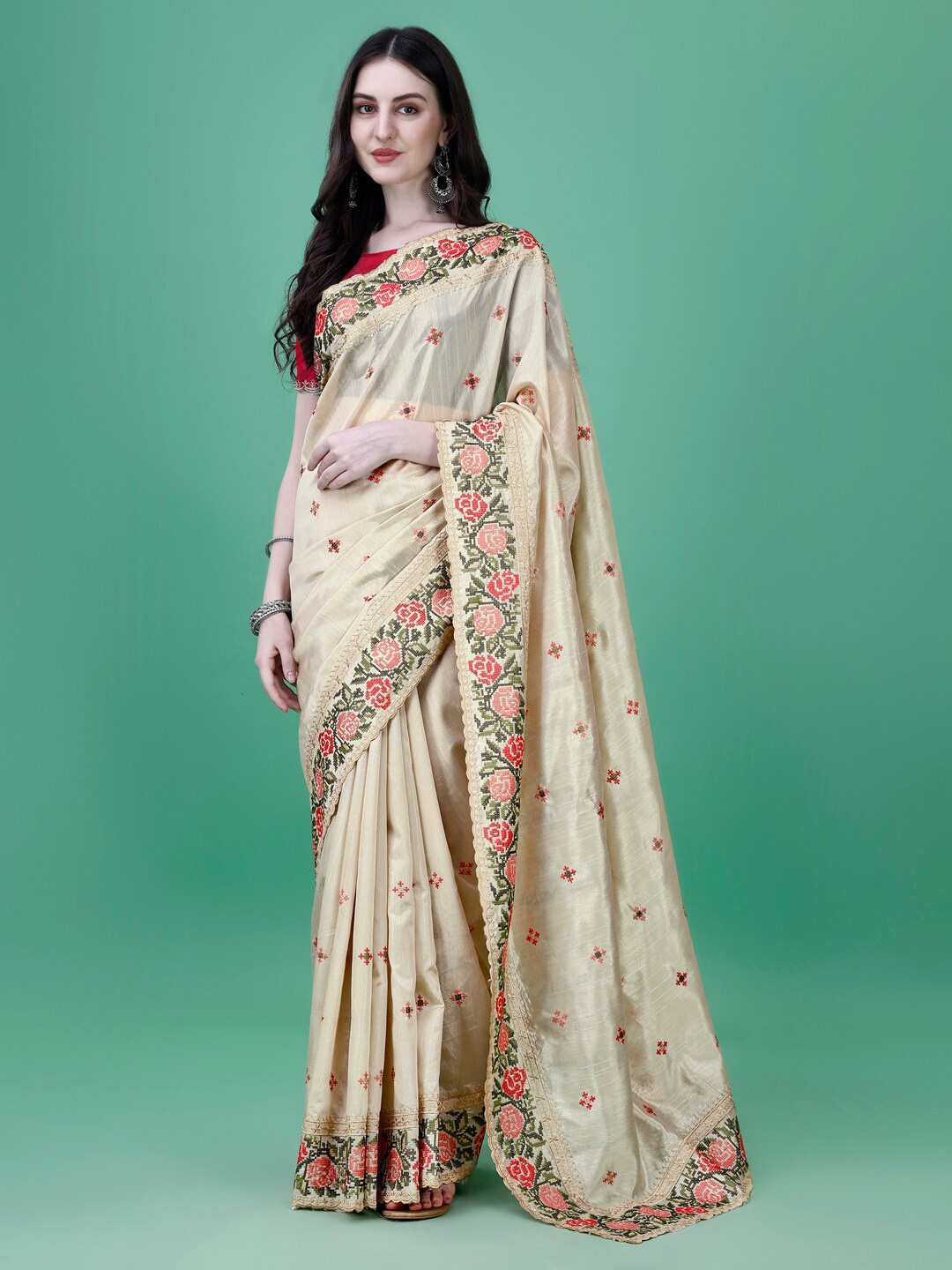 

P D Silk Mills Ethnic Motifs Embroidered Pure Georgette Saree, Beige