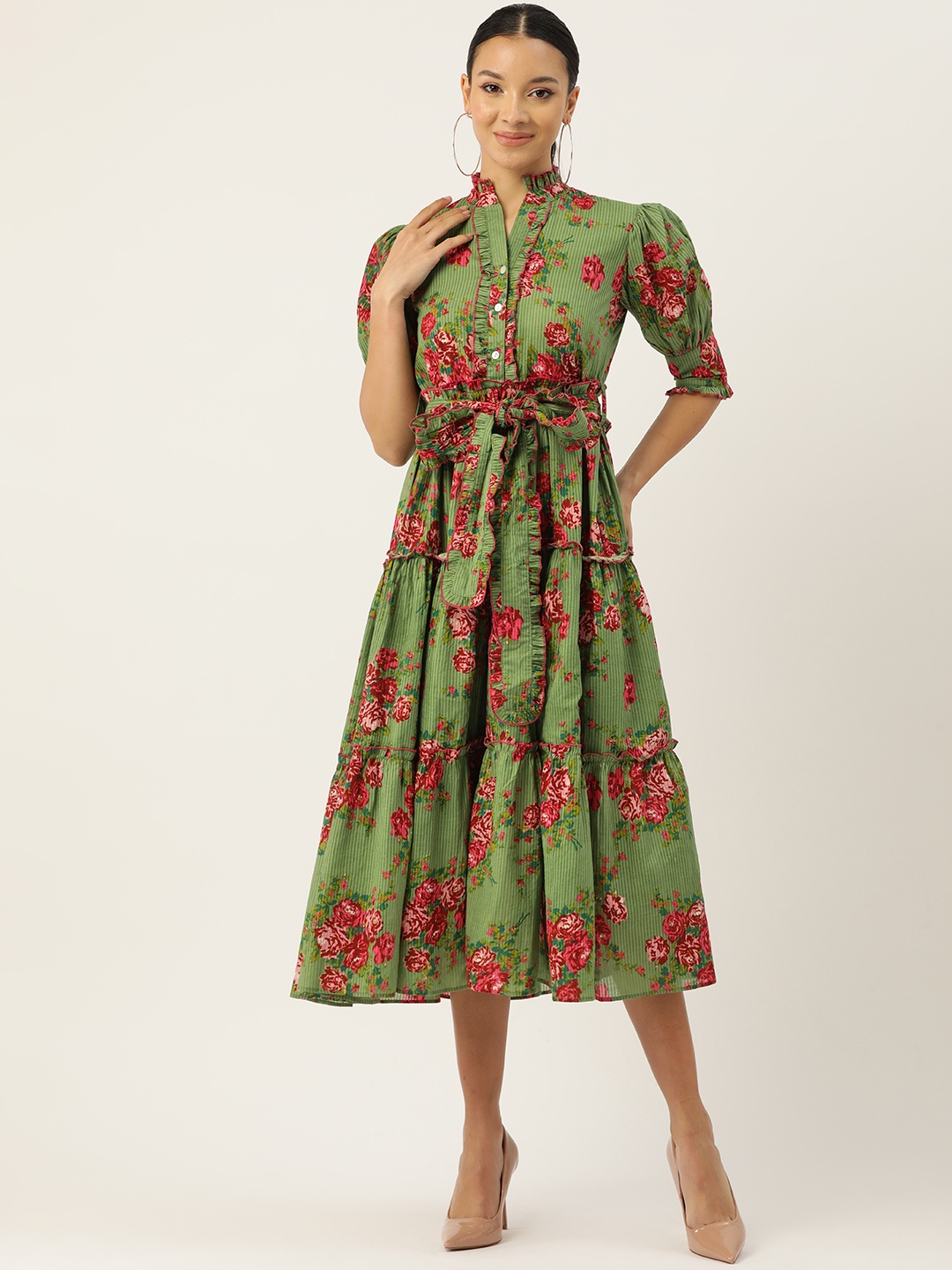 

Jaipur Morni Floral Print Puff Sleeve Fit & Flare Midi Dress, Green