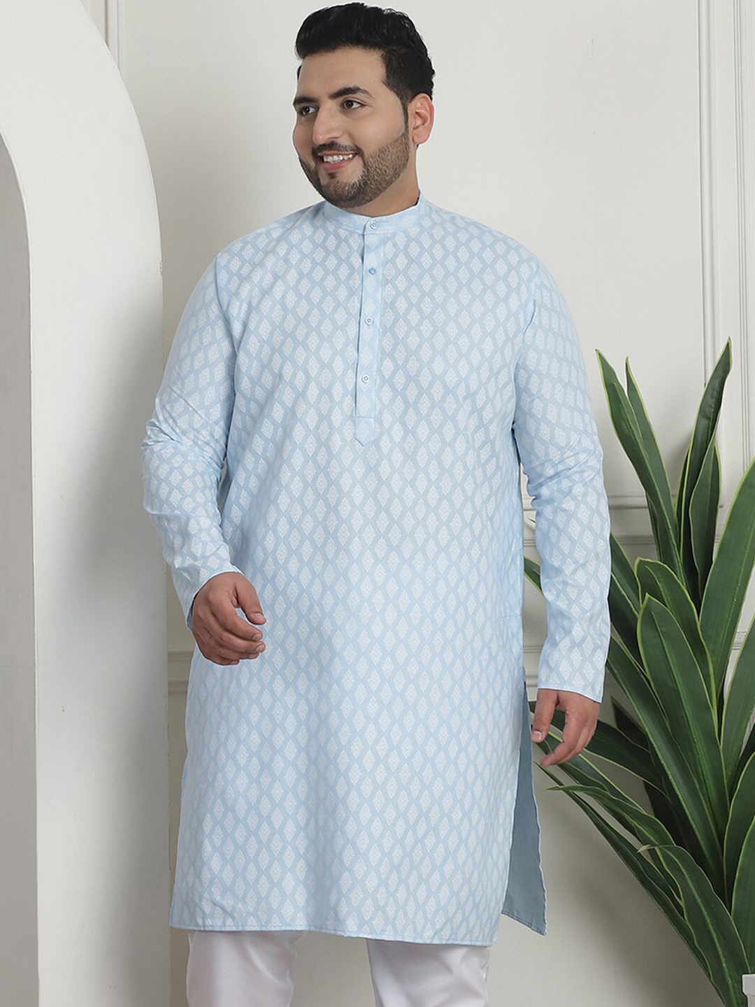 

SOJANYA PLUS PLus Size Ethnic Motifs Printed Band Collar Long Sleeves Straight Kurta, Turquoise blue