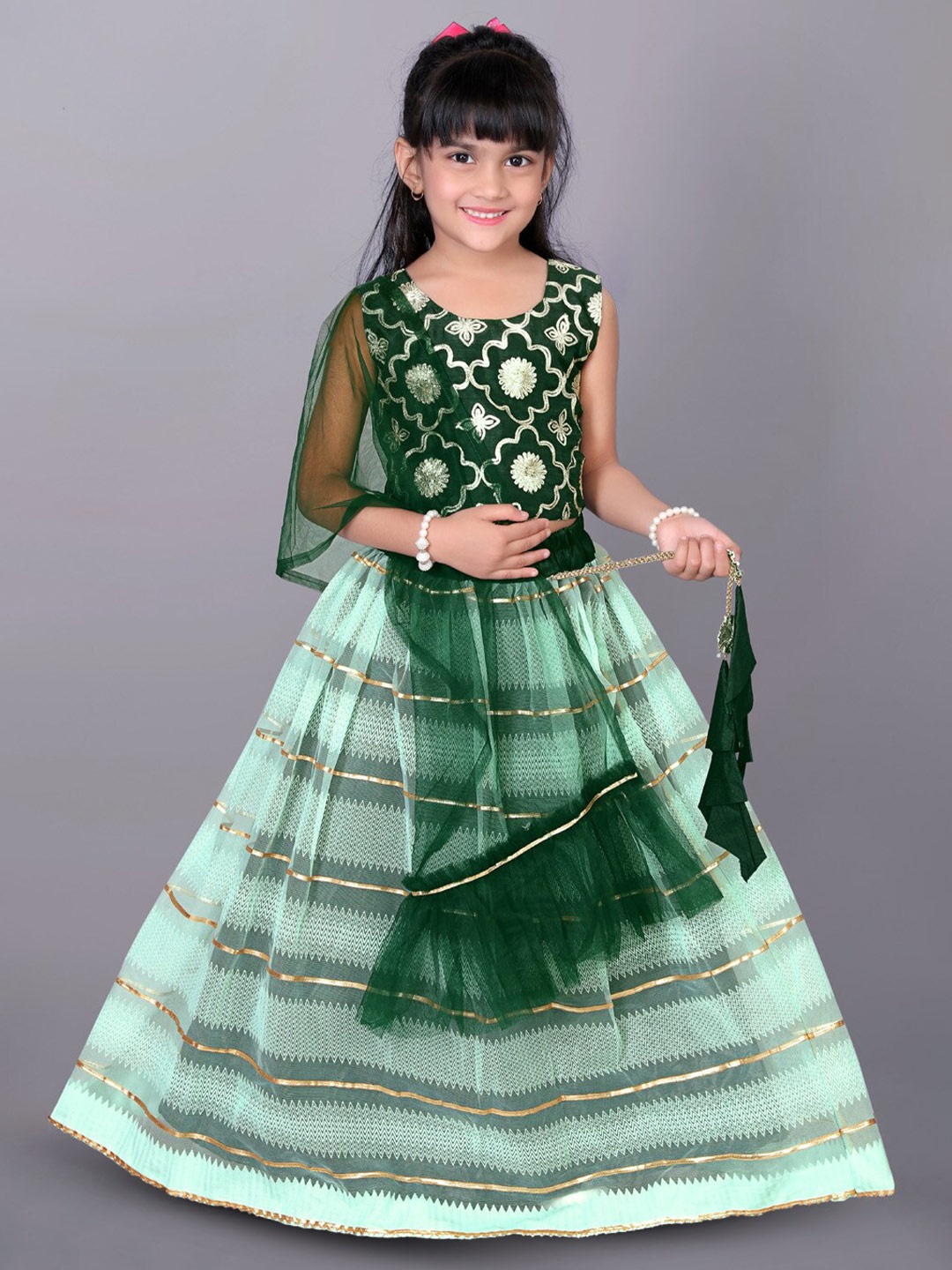 

BAESD Girls Embellished Gotta Patti Ready to Wear Lehenga & Blouse With Dupatta, Green