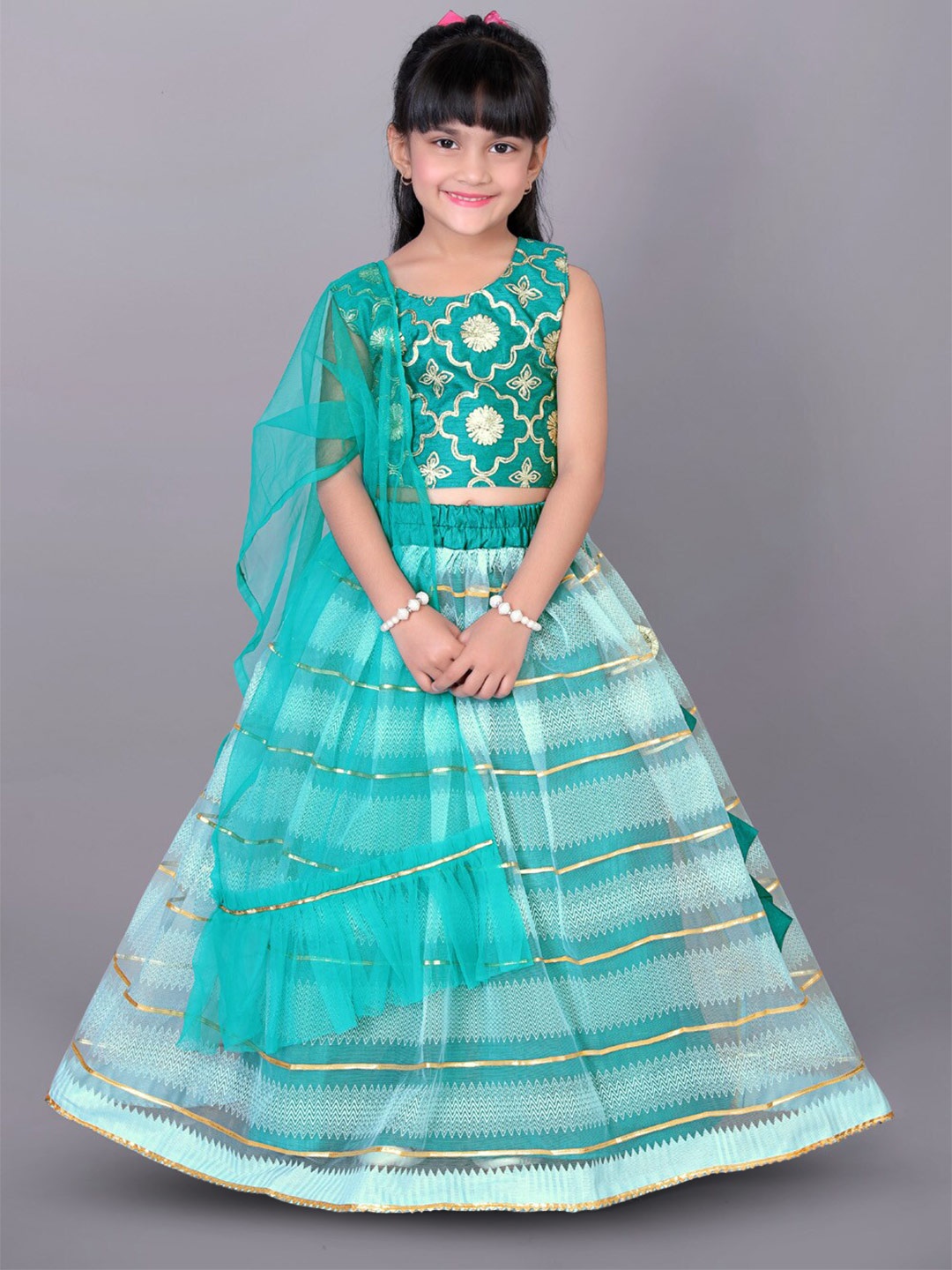 

BAESD Girls Embellished Gotta Patti Ready to Wear Lehenga & Blouse With Dupatta, Green