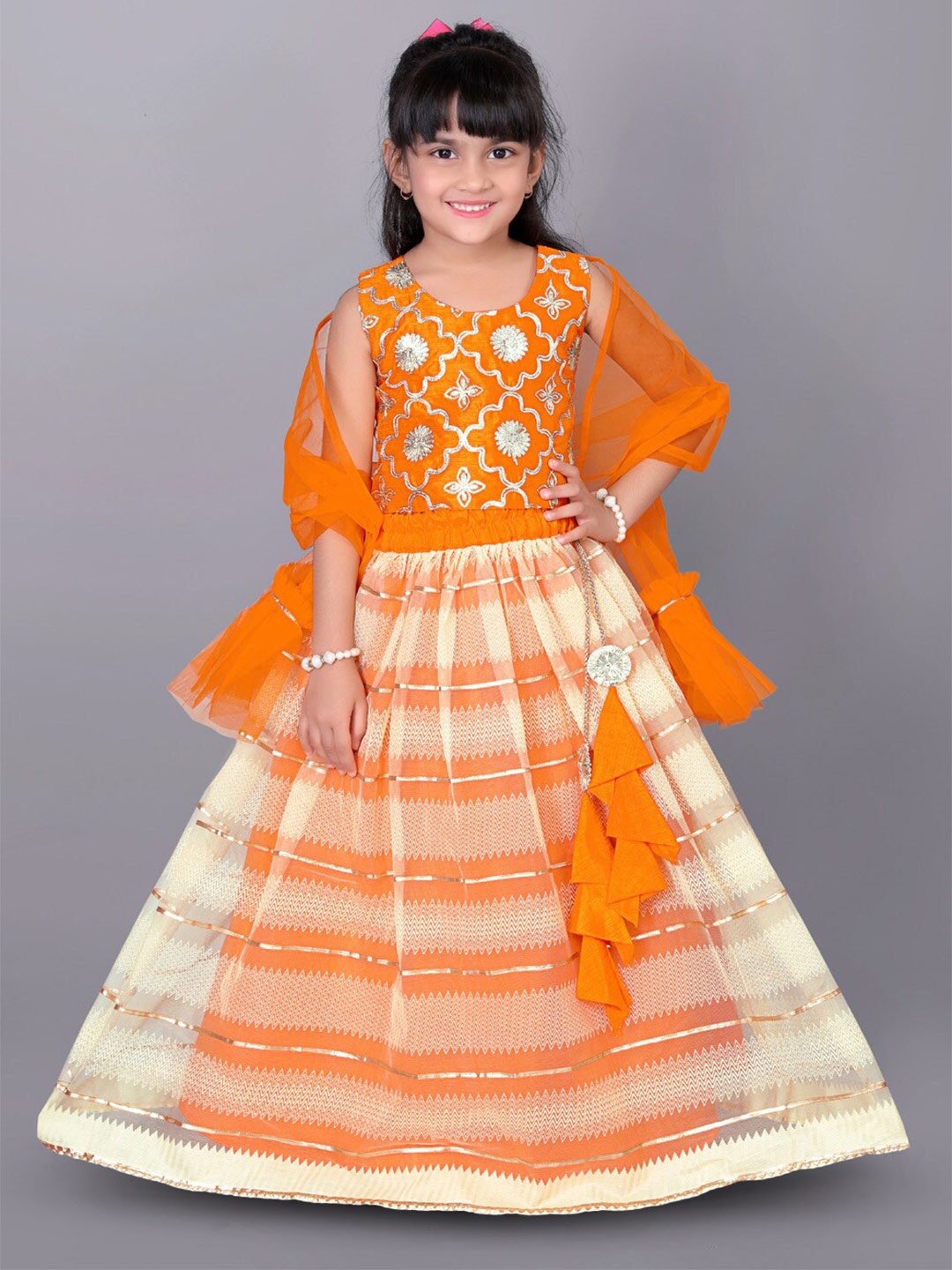 

BAESD Girls Embellished Gotta Patti Ready to Wear Lehenga & Blouse With Dupatta, Orange