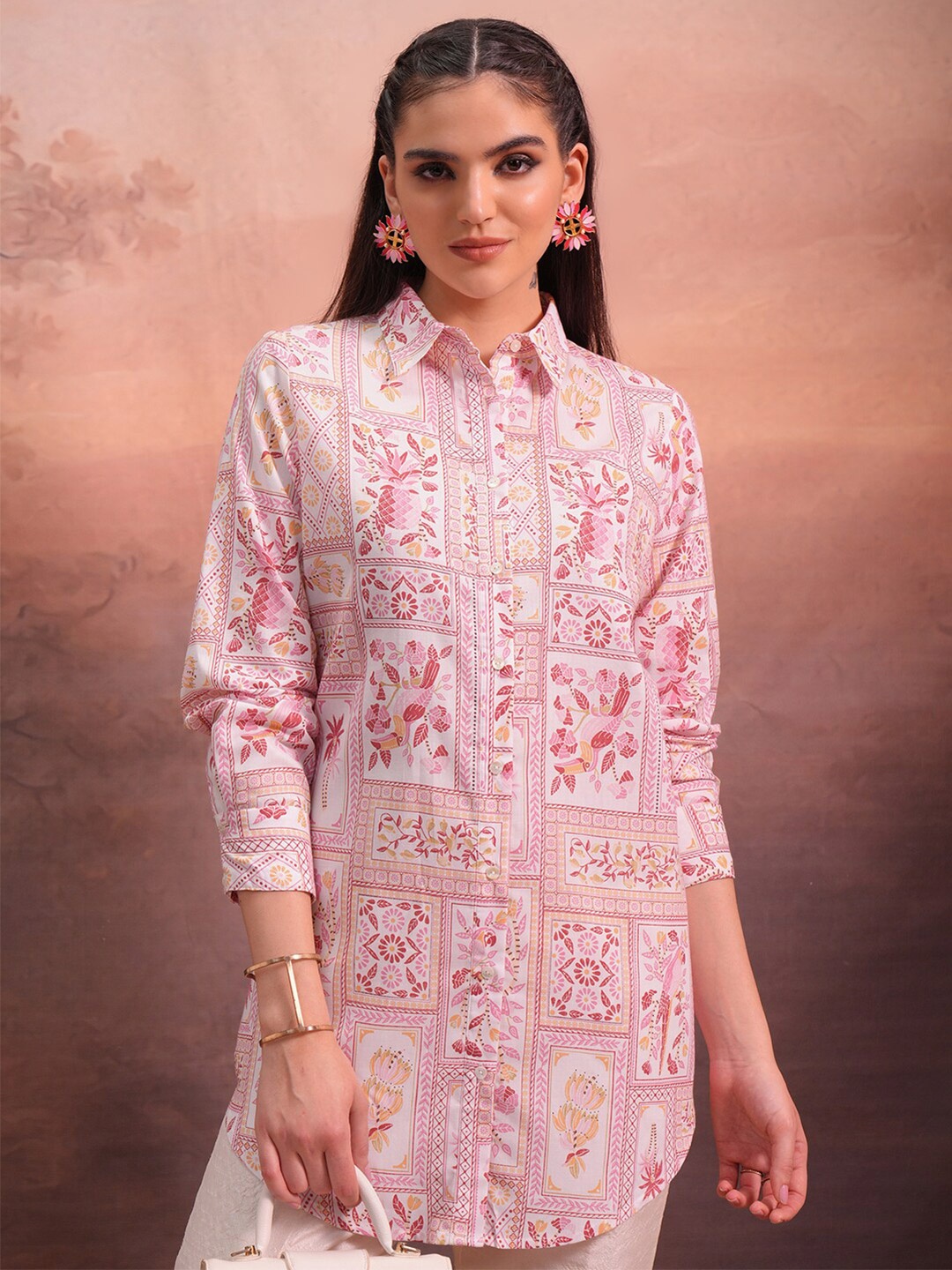 

Vishudh Floral Printed Shirt Collar Ethnic Tunic, Off white