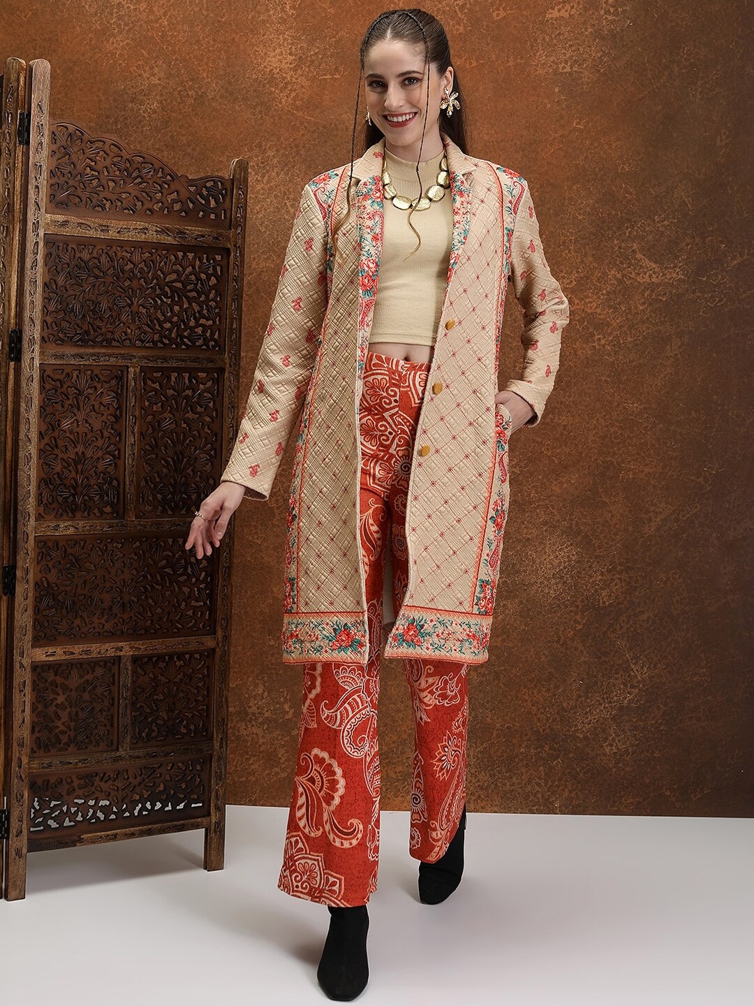

Vishudh Beige Floral Longline Biker Jacket