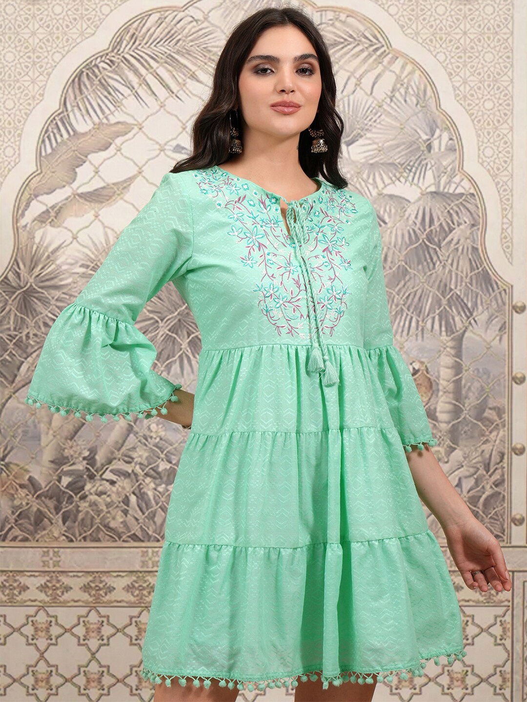 

Vishudh Embroidered Tiered Tie-Up Neck Bell Sleeve Cotton Fit & Flare Dress, Sea green