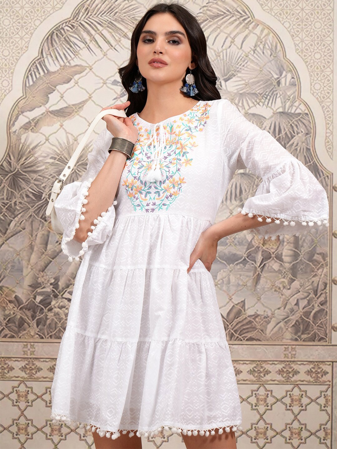 

Vishudh Floral Embroidered Tie-Up Neck Cotton Bell Sleeve Fit & Flare Dress, White