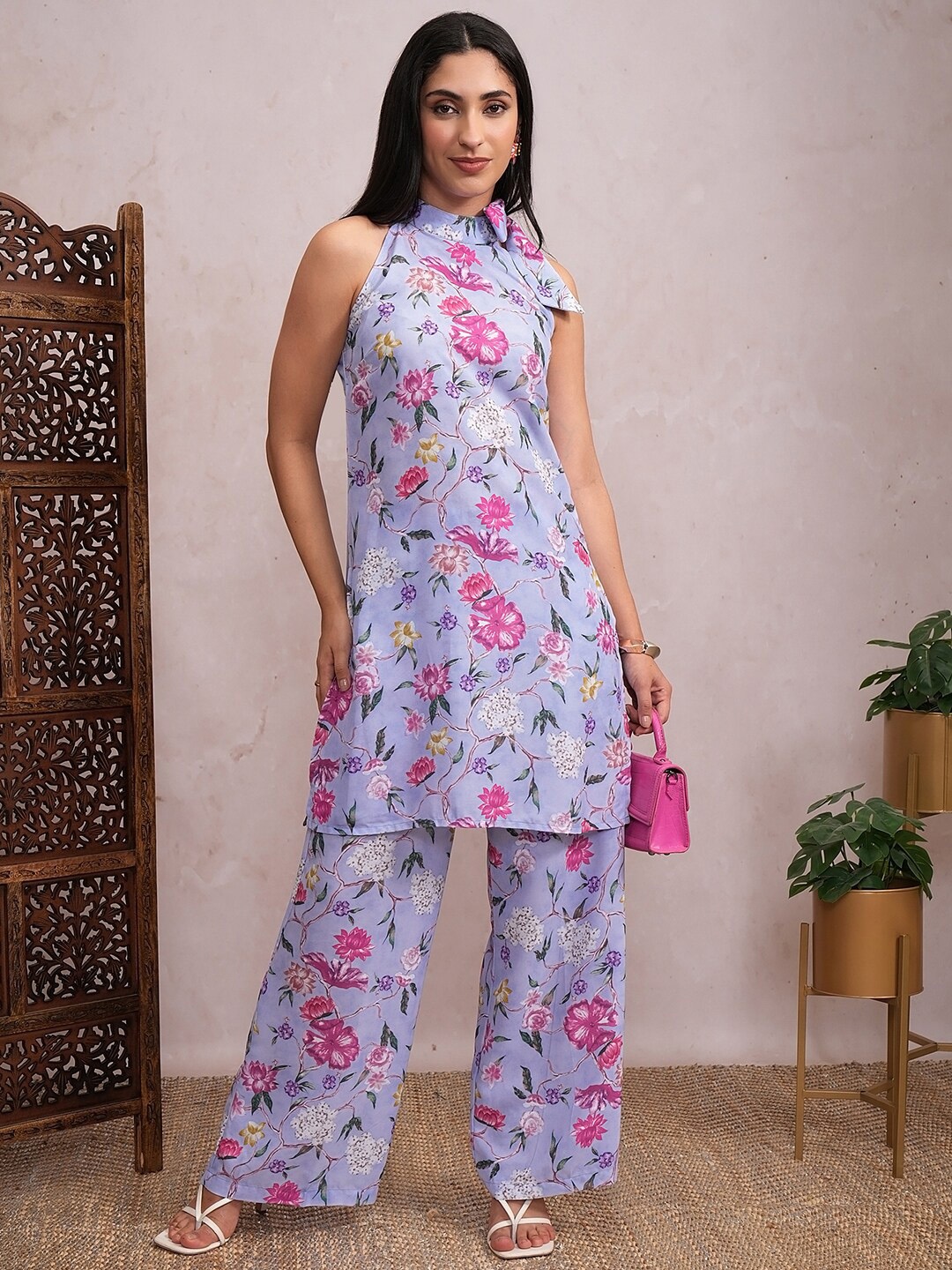 

Vishudh Printed High Neck Sleeveless Top With Trouser, Lavender