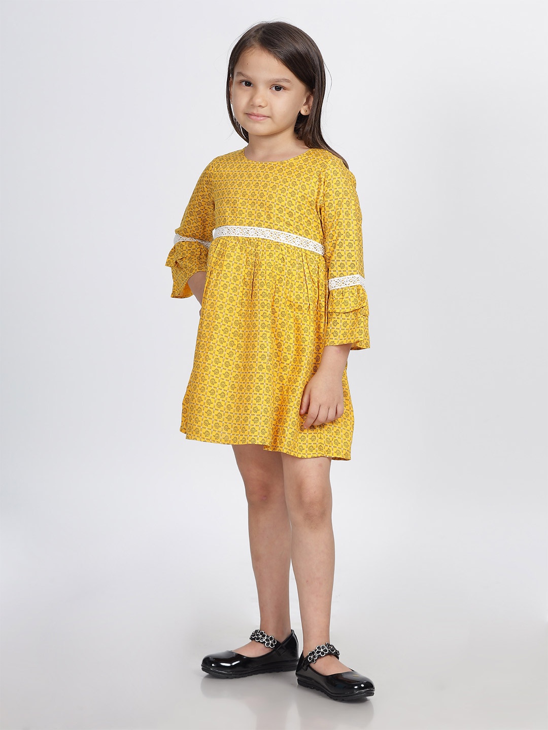 

IDAA Girls Ethnic Motifs Print Bell Sleeve Fit & Flare Dress, Yellow