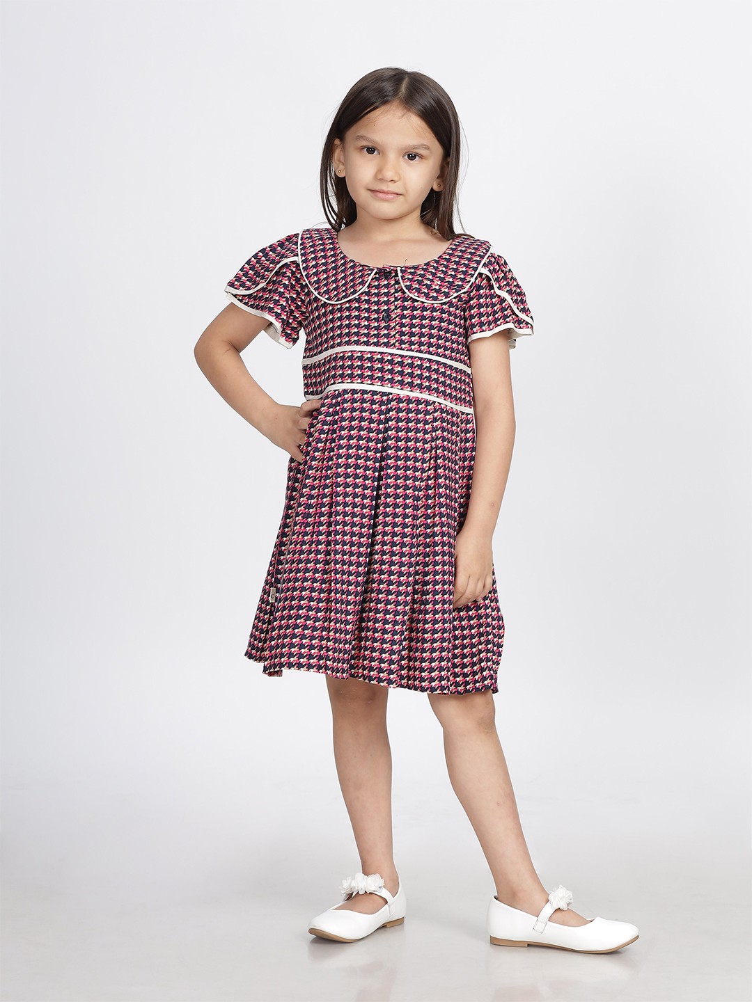 

IDAA Checked Peter Pan Collar Fit & Flare Dress, Navy blue