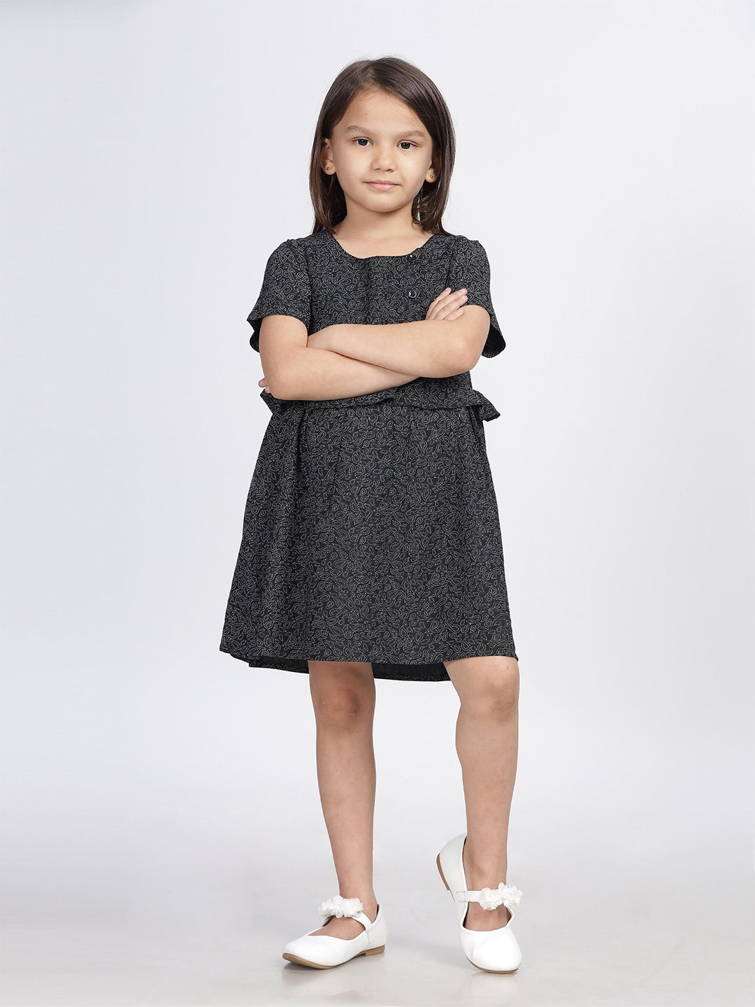 

IDAA Girls Conversational Printed Short Sleeves A-Line Dress, Black