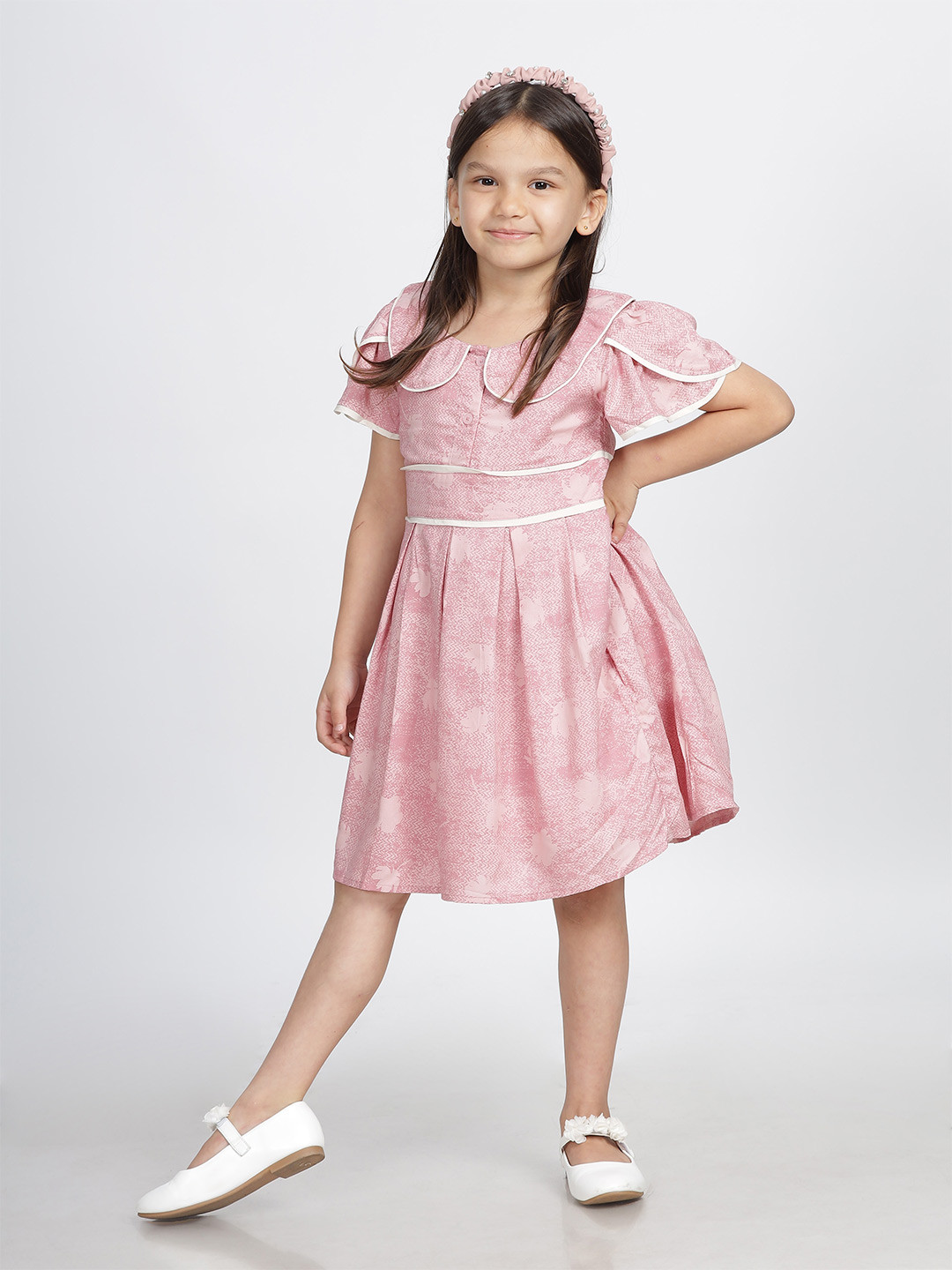 

IDAA Girls Abstract Printed Peterpan Collar Flutter Sleeve Fit & Flare Dress, Purple