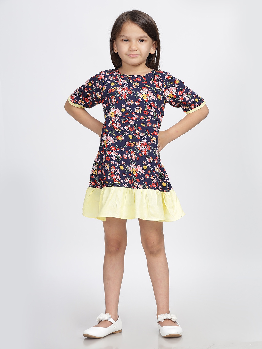 

IDAA Girls Floral Printed Gathered Detailed A-Line Dress, Navy blue