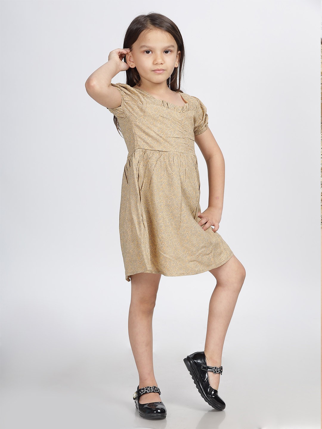 

IDAA Ethnic Motifs Printed Fit & Flare Dress, Beige