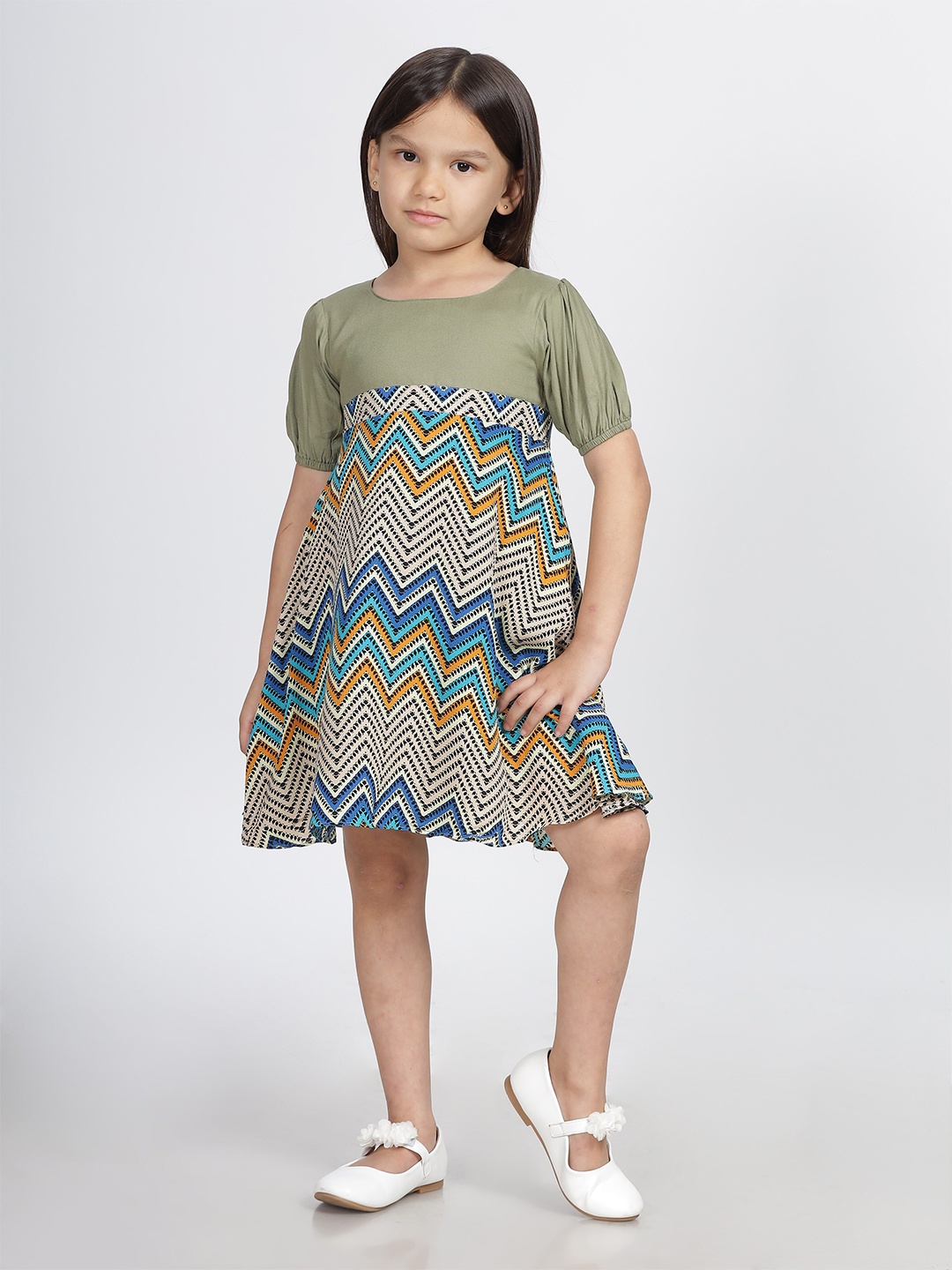 

IDAA Geometric Printed A-Line Dress, Olive