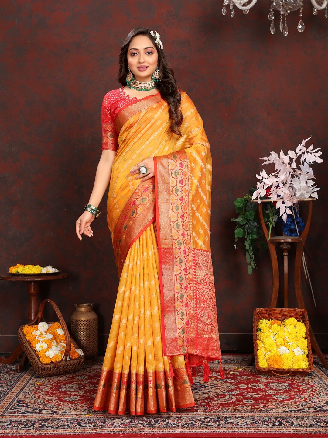 

CATCHY FOREVER Floral Woven Design Zari Banarasi Saree, Yellow