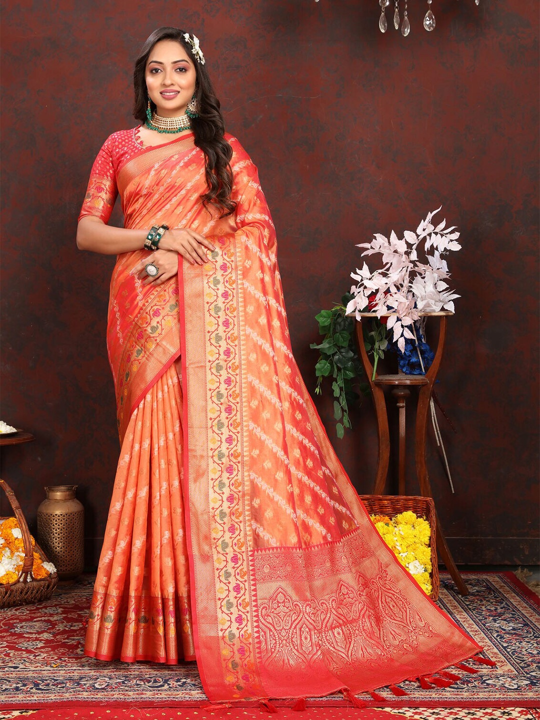 

CATCHY FOREVER Floral Woven Design Zari Banarasi Saree, Orange