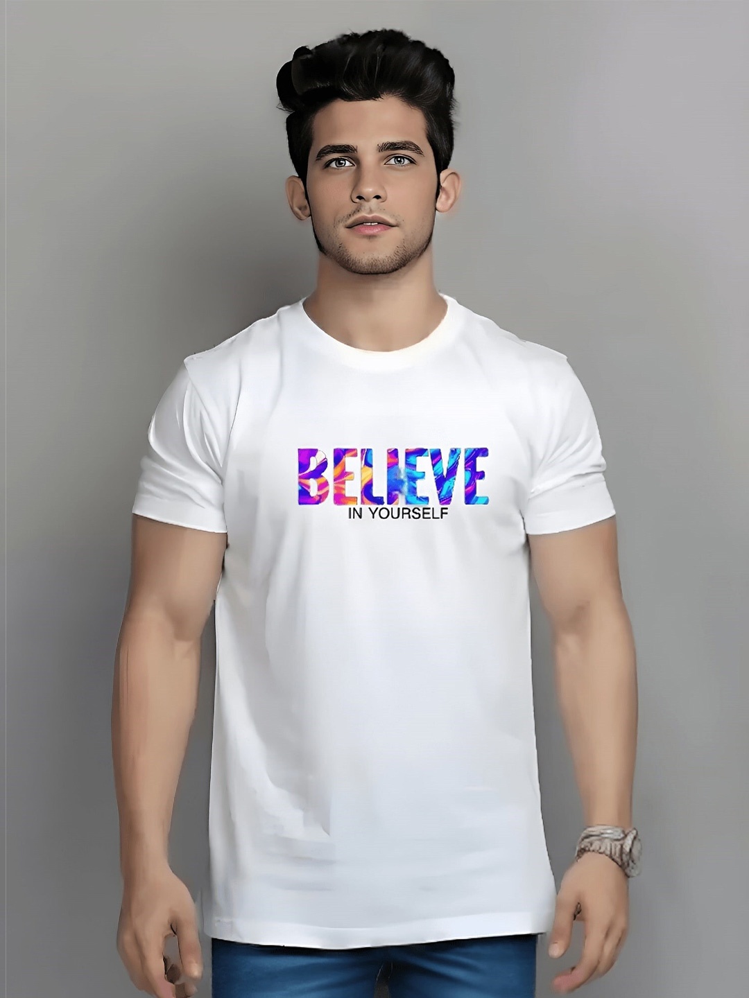 

Elibolz Men Typography Printed Applique T-shirt, White