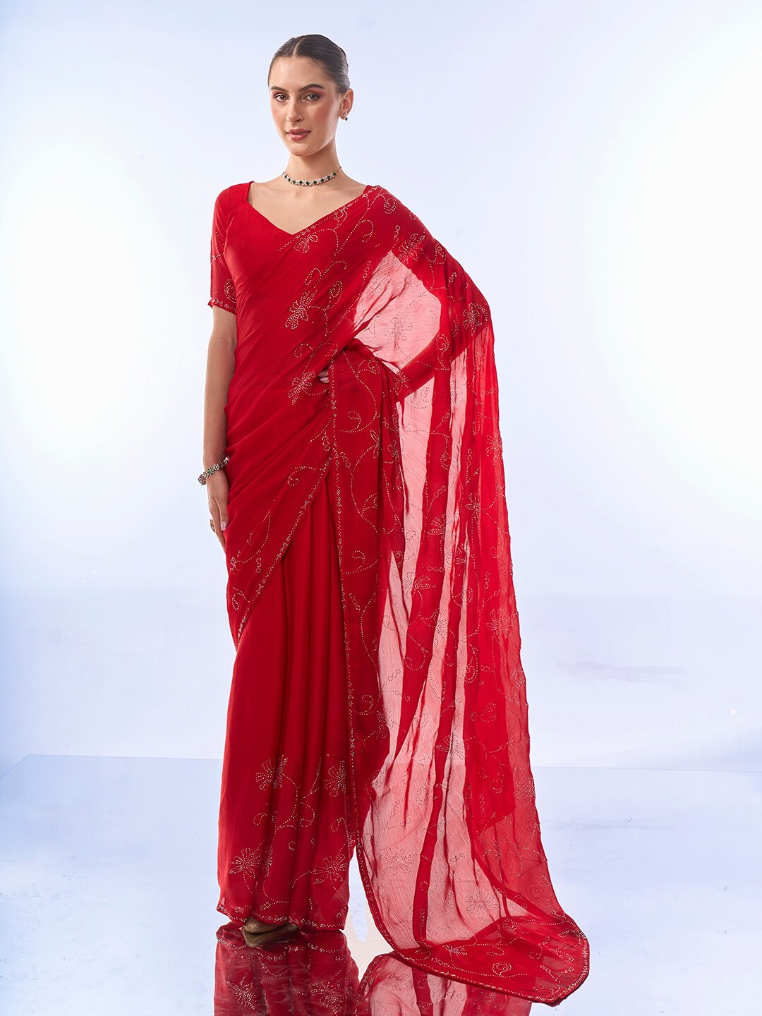 

Mitera Red Floral Embellished Beads and Stones Satin Saree