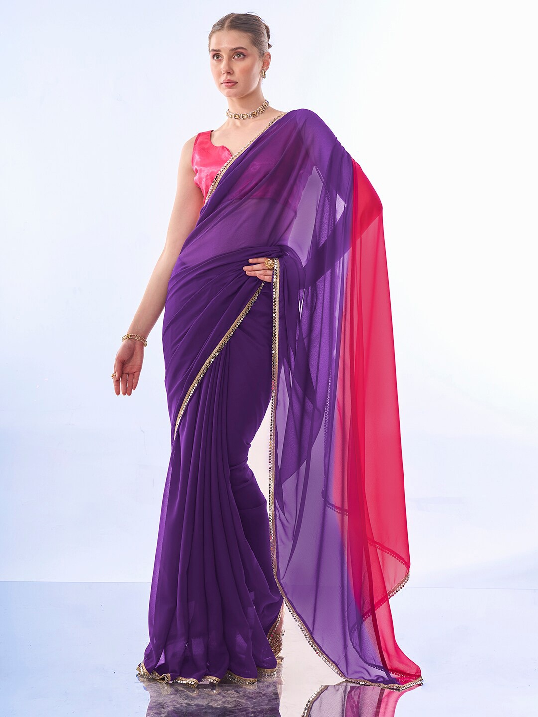 

Mitera Mirror Work Pure Chiffon Saree, Purple