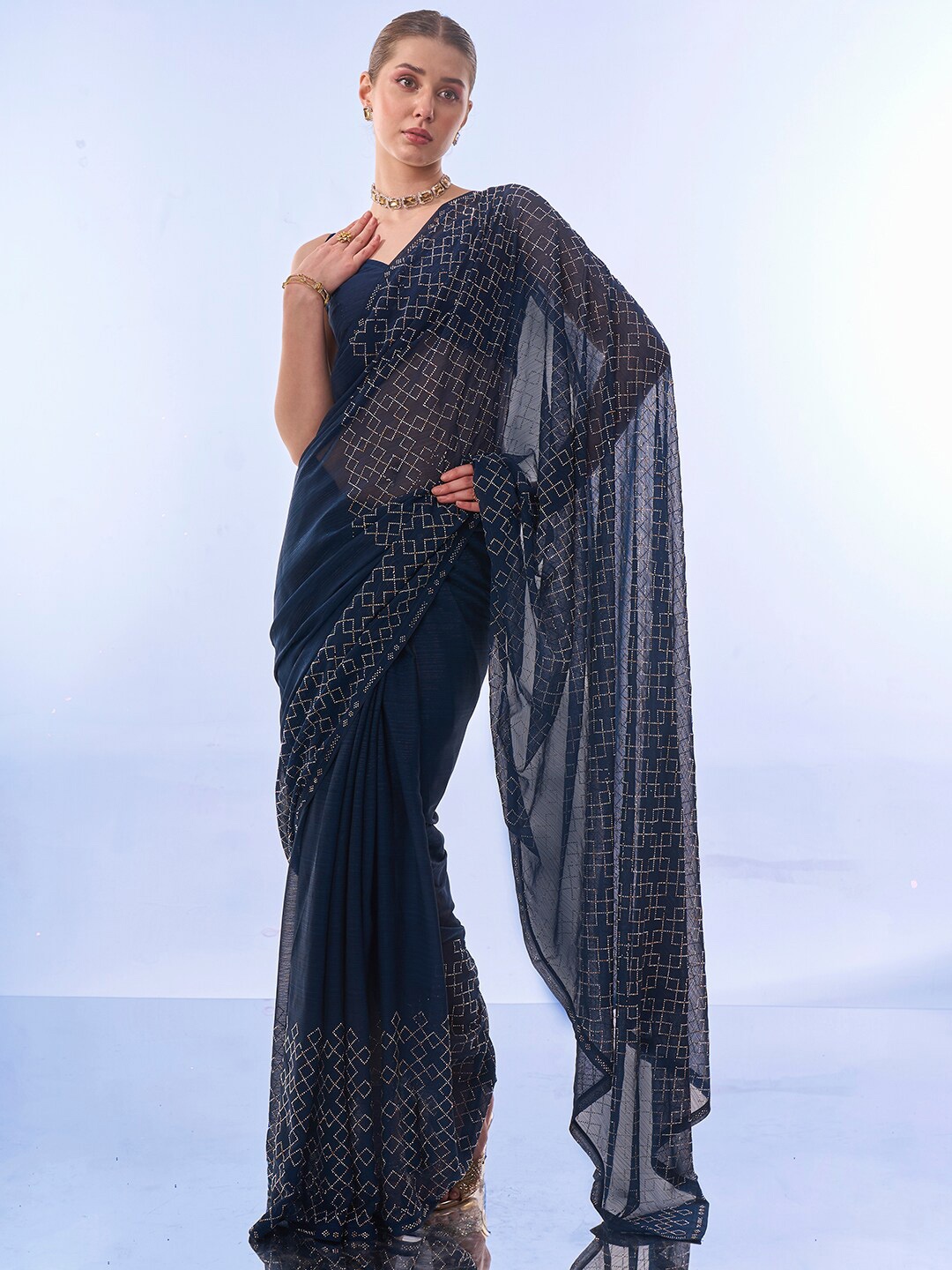 

Mitera Embellished Mukaish Pure Chiffon Saree, Navy blue