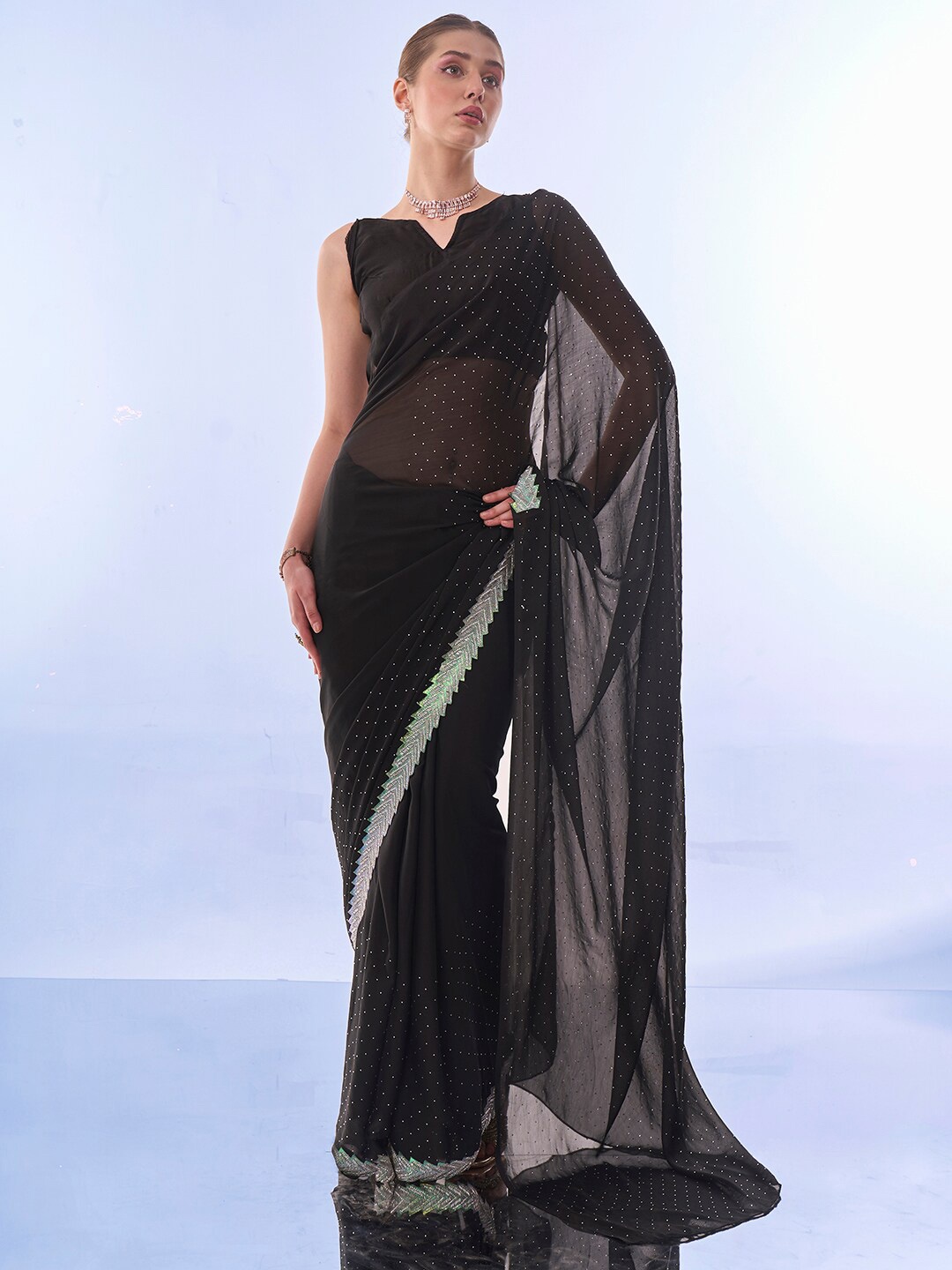 

Mitera Embellished Beads and Stones Satin Saree, Black