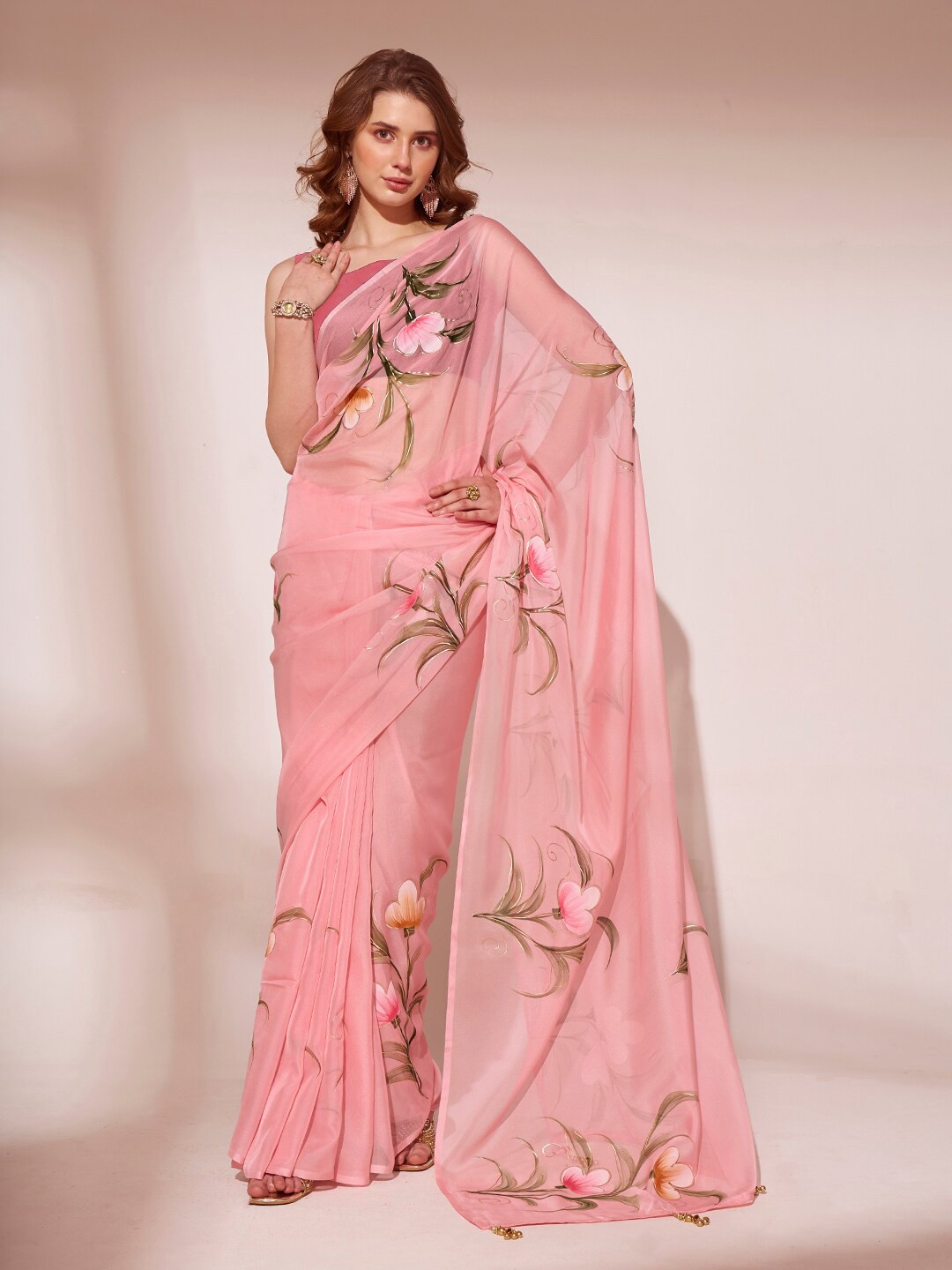 

Mitera Floral Organza Saree, Pink